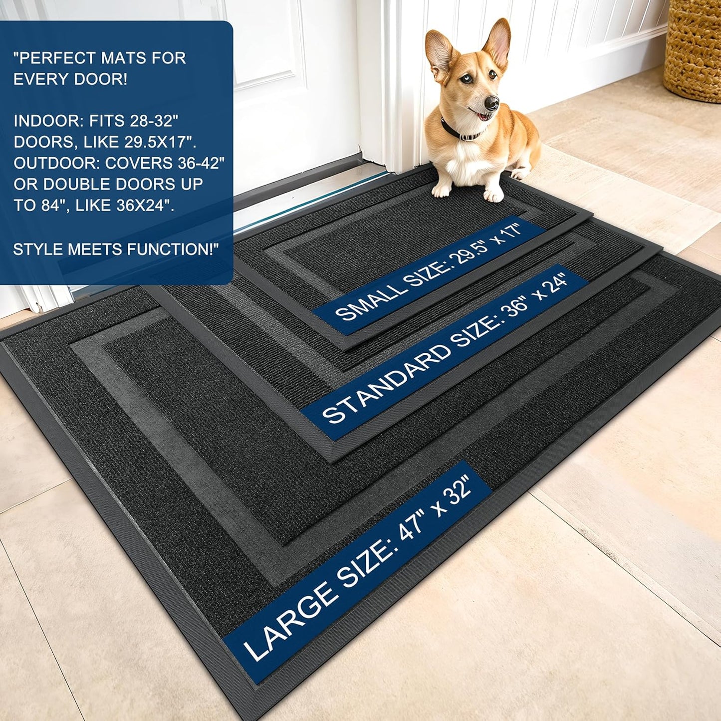 OLANLY Front Door Mat Indoor Outdoor Entrance, Waterproof All-Season, All-Weather Doormat, Sturdy Natural Rubber, Fade Resistant, Low Profile, Easy Clean Patio Porch Entryway Mat, 29.5x17, Black