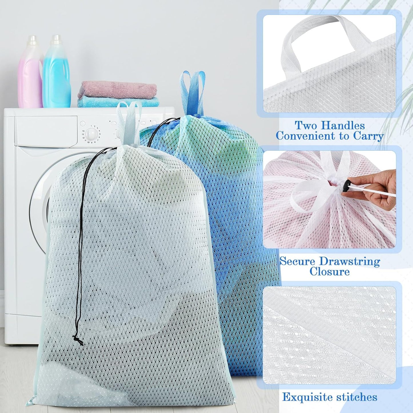 6 Pack 24 x 36 Inches Blue Mesh Laundry Bag with Handles Machine Washable Secure Drawstring Closure Large Sturdy Mesh Net Laundry for College Travel Dorm Laundromat