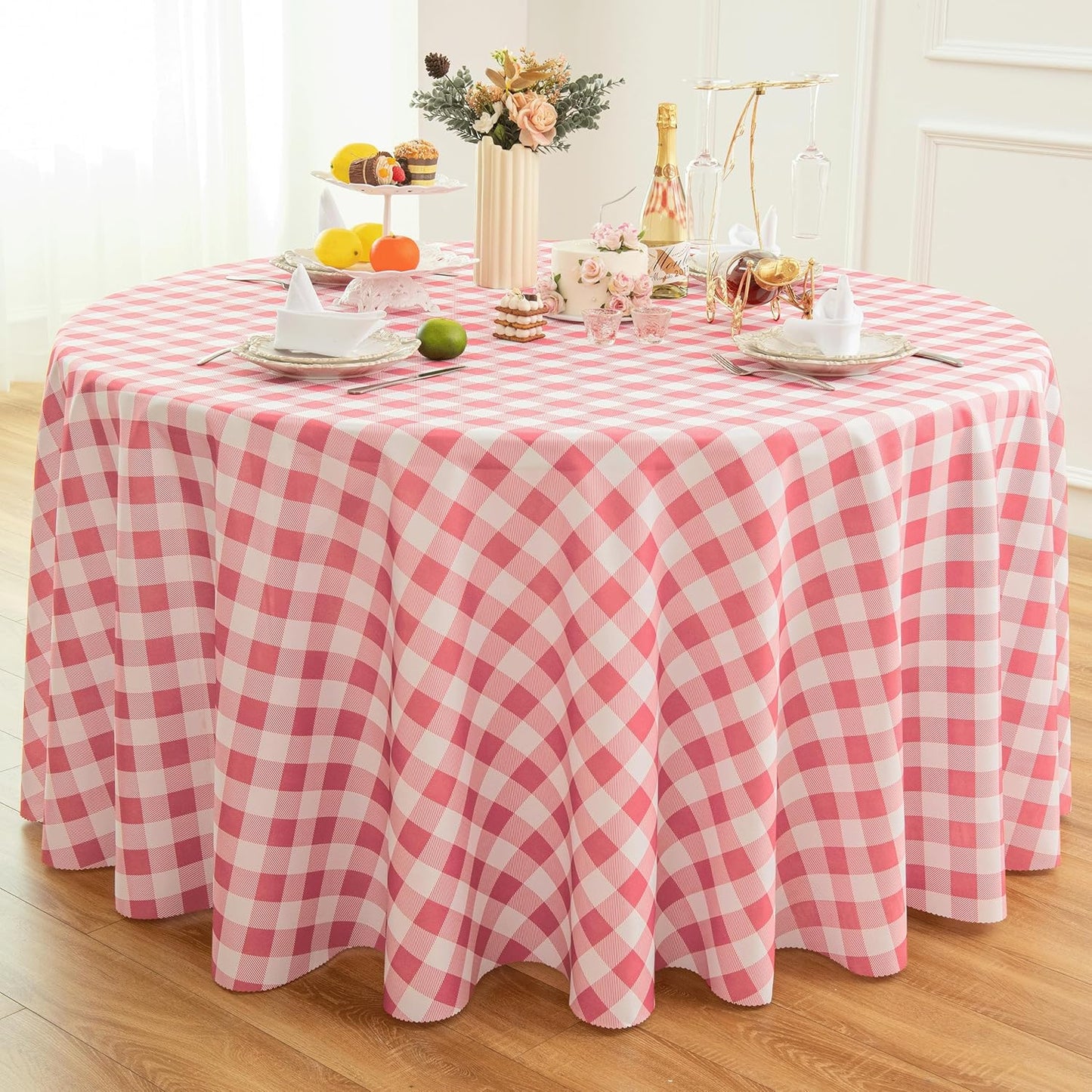Waterproof Plaid Tablecloth Fabric - Round 120 Inch Classic Gingham Checker Table Cloth for Indoor/Outdoor Use - Buffalo Table Cover for Picnics, BBQs, and Parties