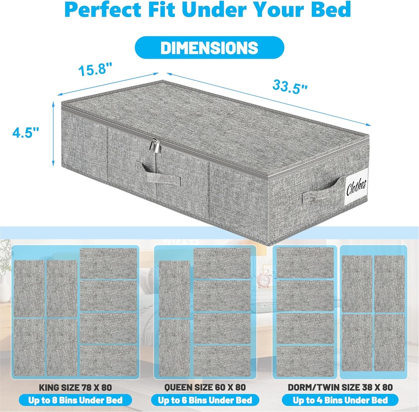 Under Bed Storage Container Bins 2 Pack, 4.5 Inch Slim Low Profile Underbed Clothes Storage Organizer for Dorm & Home, Use for Blanket and Toy Storage Box W/ Sturdy Bottom/Sides, Foldable Thick Fabric