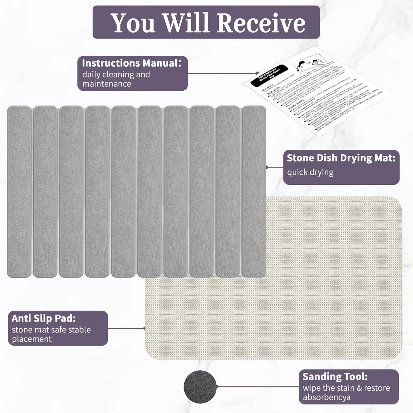 Large Stone Dish Drying Mats for Kitchen Counter – Foldable Quick Dry Stone Mat with Non-Slip Pad & Sandpaper, Super Absorbent Diatomaceous Earth Mat for Dishes and Cups(Ligh Gray 23.5"x15.5")