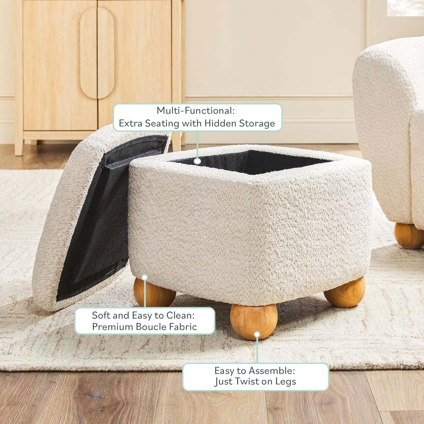 Walker Edison Linley Contemporary Small Storage Bouclé Ottoman with Wood Legs, Ivory