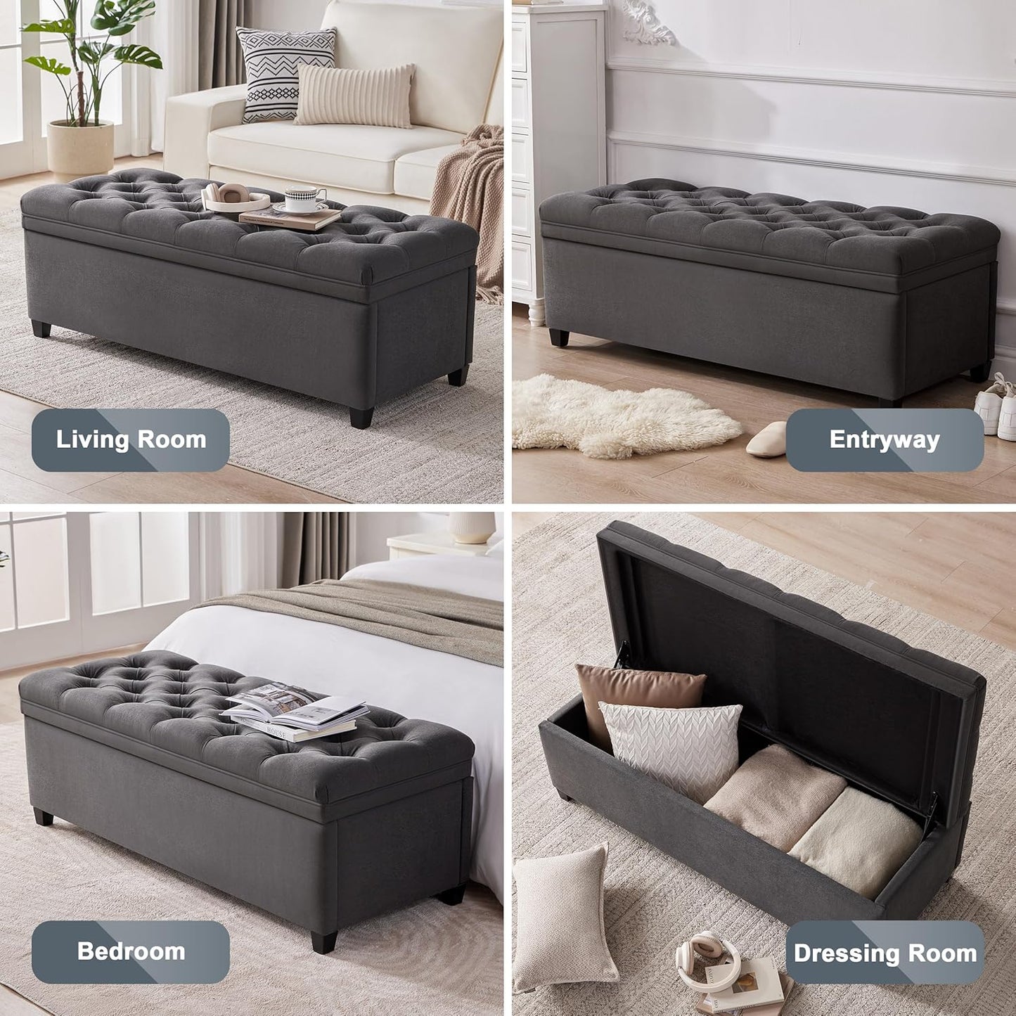 50" Storage Ottoman Bench, Tufted Ottoman with Storage for Living Room, Large End of Bed Ottomans, Modern Entryway Benchs, Window & Bedroom Benches for Foot of Bed (Darkgray)