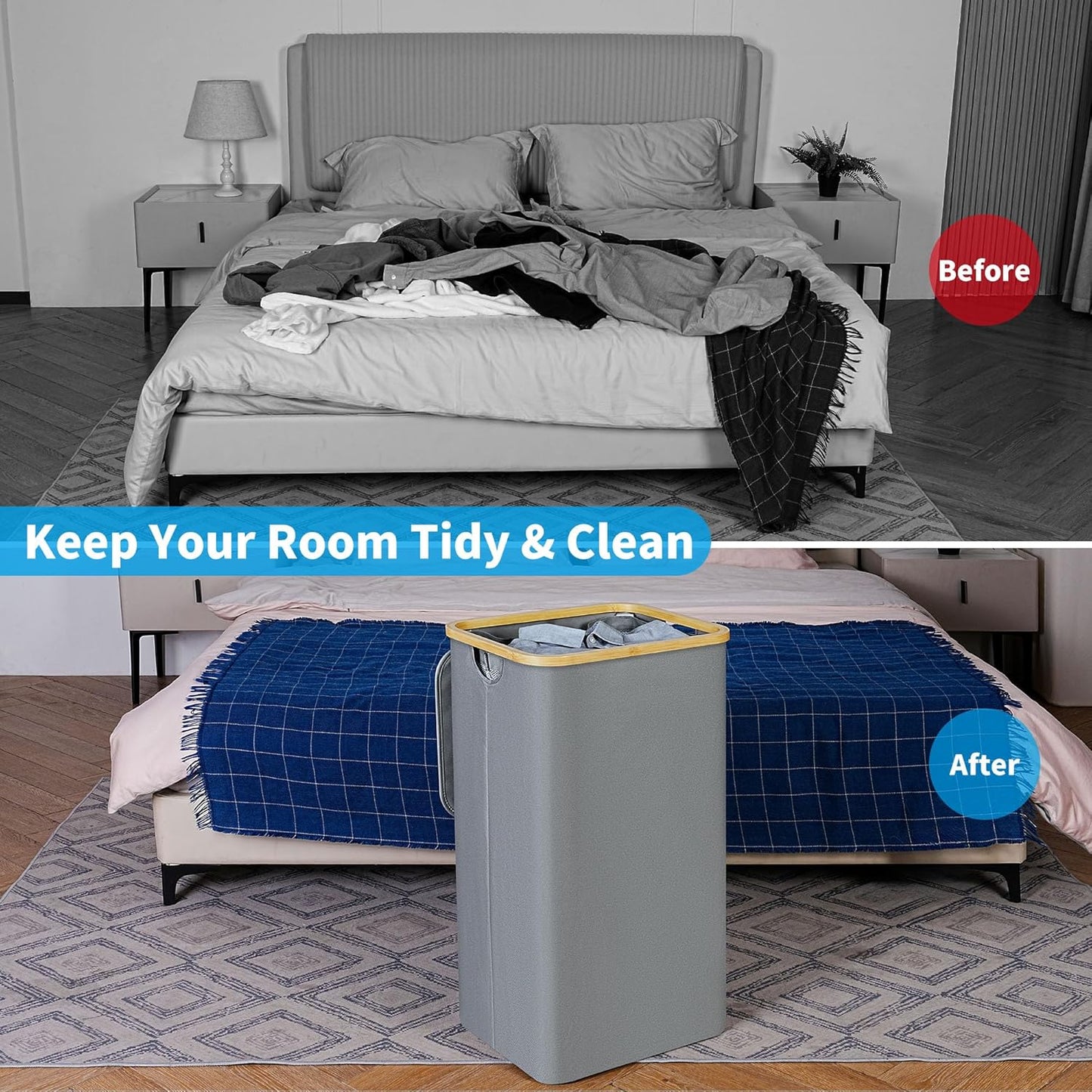 efluky Laundry Basket with Lid and Removable Bag, 100L Tall Laundry Hamper with Bamboo Handles, Aesthetic Dirty Clothes Bin for Laundry Room, Bathroom, Bedroom and Dorm, Silver Grey