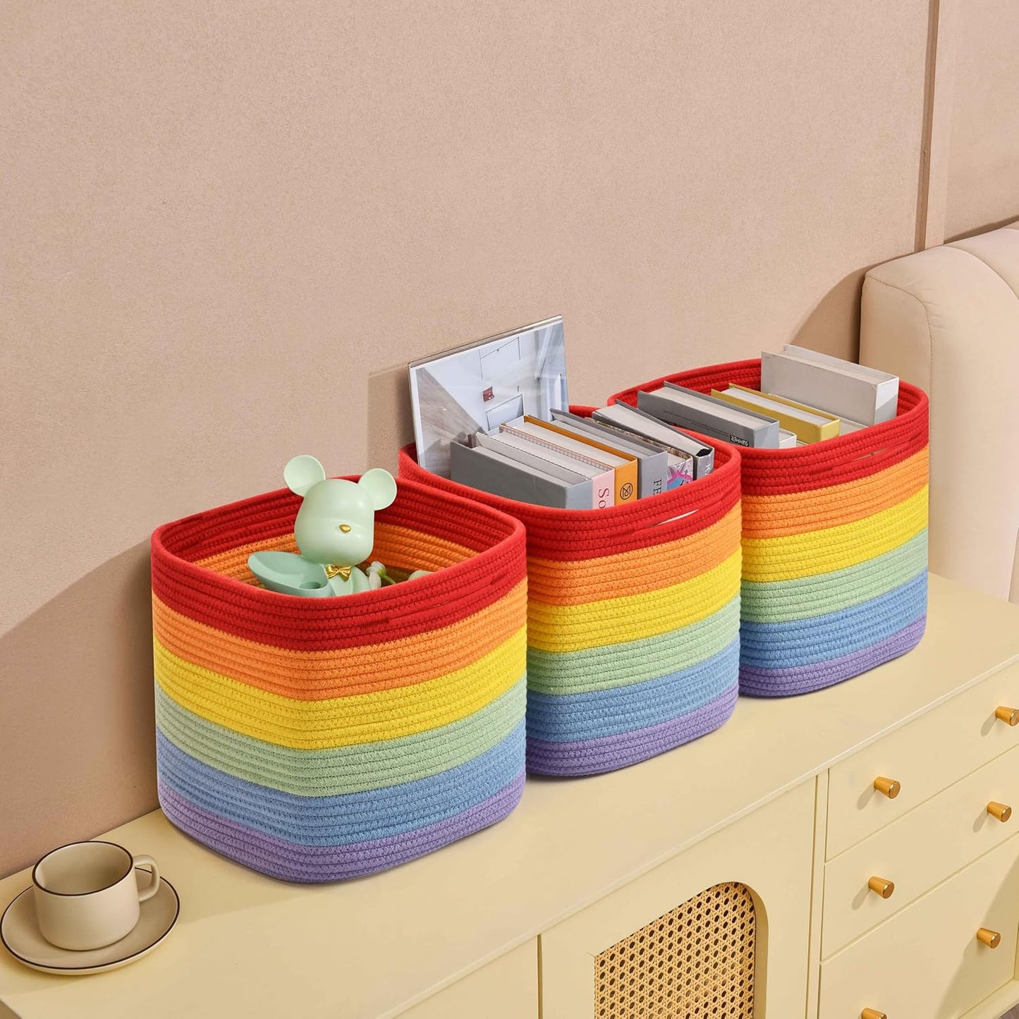 3 Pack Storage Cubes 11 Inch Cotton Rope Woven Baskets for Organizing Cube Bin Square Shelves Organizer,Classroom,Kids Toy Bins,Closet,Baby Nursery(Rainbow)