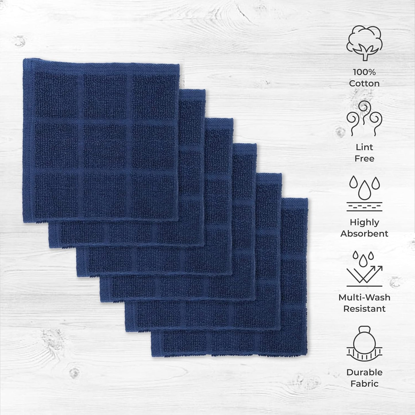 100% Cotton Terry Dish Cloth & Dish Towel, 6 Pack, Super Soft and Absorbent Kitchen Towels, Perfect for Kitchen Cleaning and Dish Washing (Navy Blue 6 Pack)