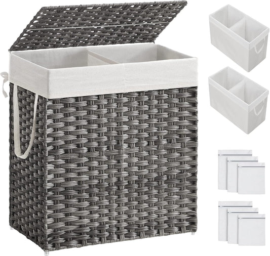 SONGMICS Laundry Hamper with Lid, 110L Clothes Hamper with 2 Removable Liner Bags, 6 Mesh Bags, Wicker Laundry Basket, Double Laundry Hamper for Bathroom, 13 x 22.4 x 23.6 Inches, Gray ULCB52WG
