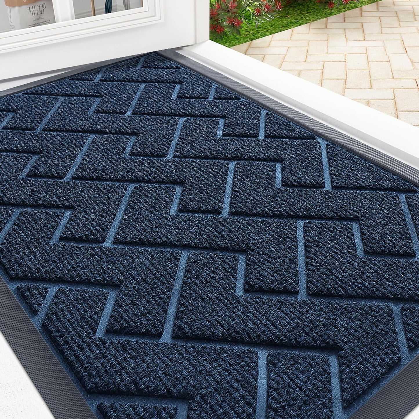 OLANLY Front Door Mat Indoor Outdoor Entrance, Waterproof All-Season, All-Weather Doormat, Sturdy Natural Rubber, Low Profile, Easy Clean Patio Porch Entryway Mat, Herringbone Brick (Blue, 47x32)