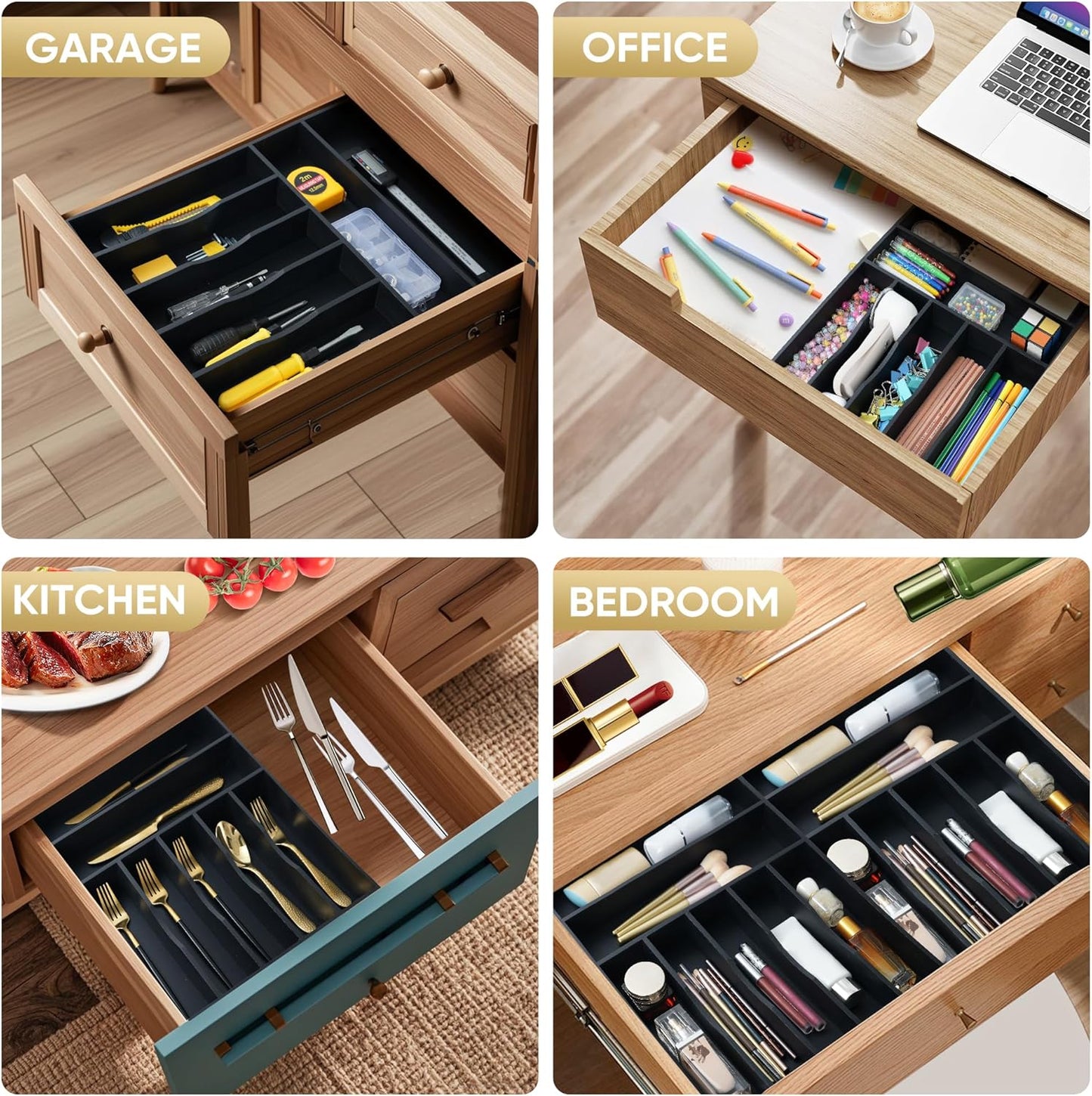 Silverware Organizer, 12.5 Inch Utensil Organizer Kitchen Drawer Organizer Bamboo Silverware Holder Cutlery Tray Organizer in Drawer Flatware Organizer Tray(7 slots, Black）