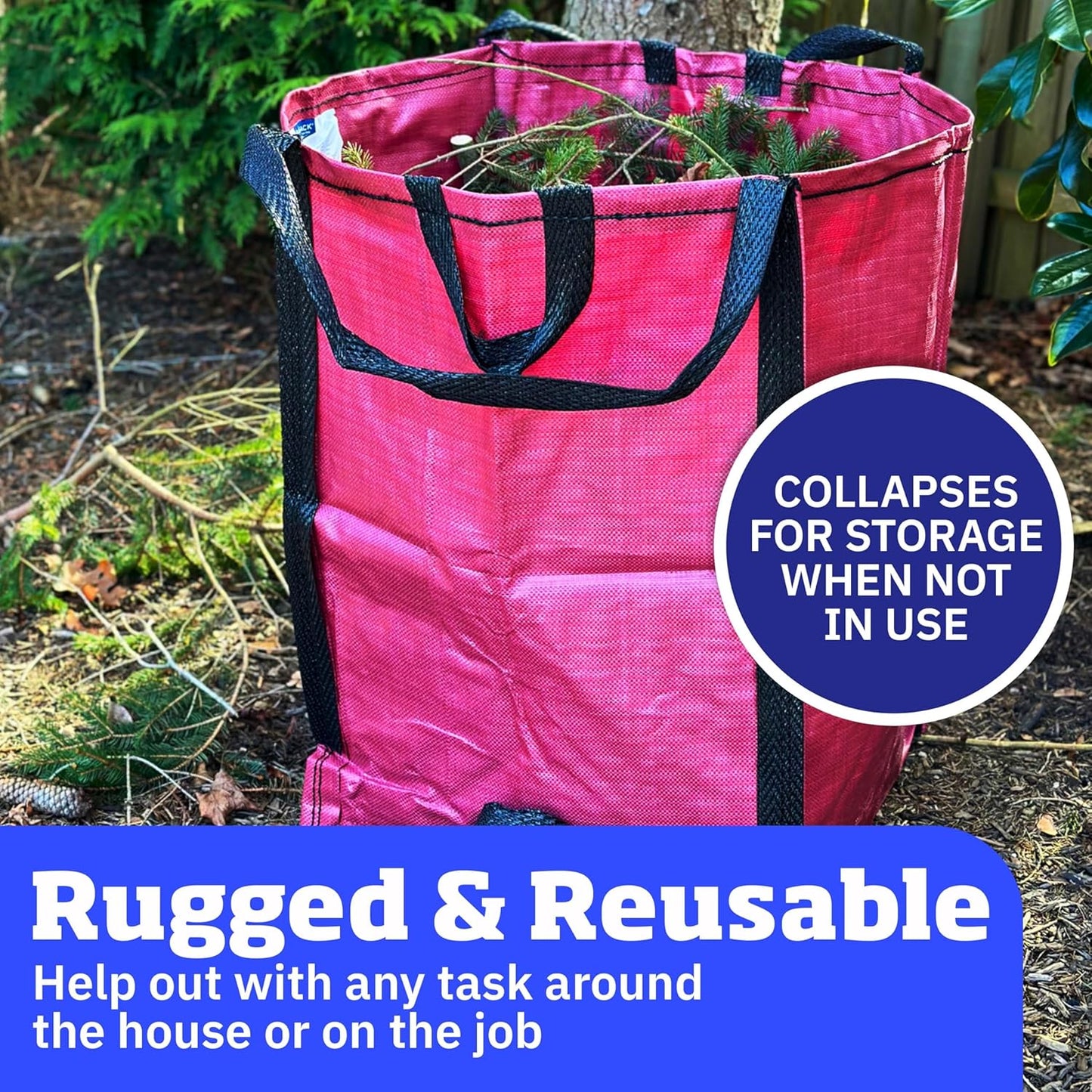 DURASACK Heavy Duty Home and Yard Bags 48-Gallon Reusable Self-Standing Lawn and Leaf Bags Garbage Can with Reinforced Handles, Red, 3 Pack