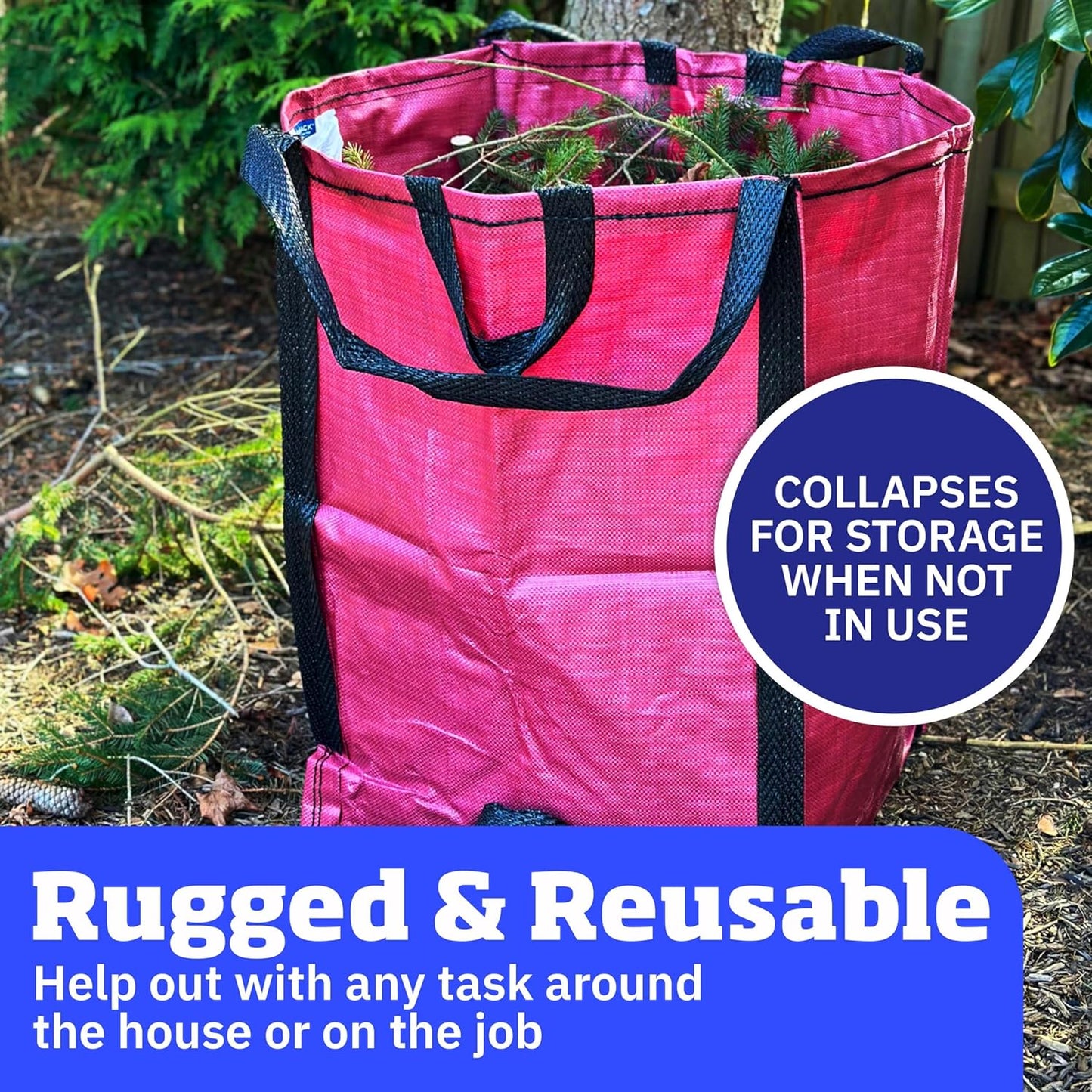 DURASACK Heavy Duty Home and Yard Bags 48-Gallon Reusable Self-Standing Lawn and Leaf Bags Garbage Can with Reinforced Handles, Red