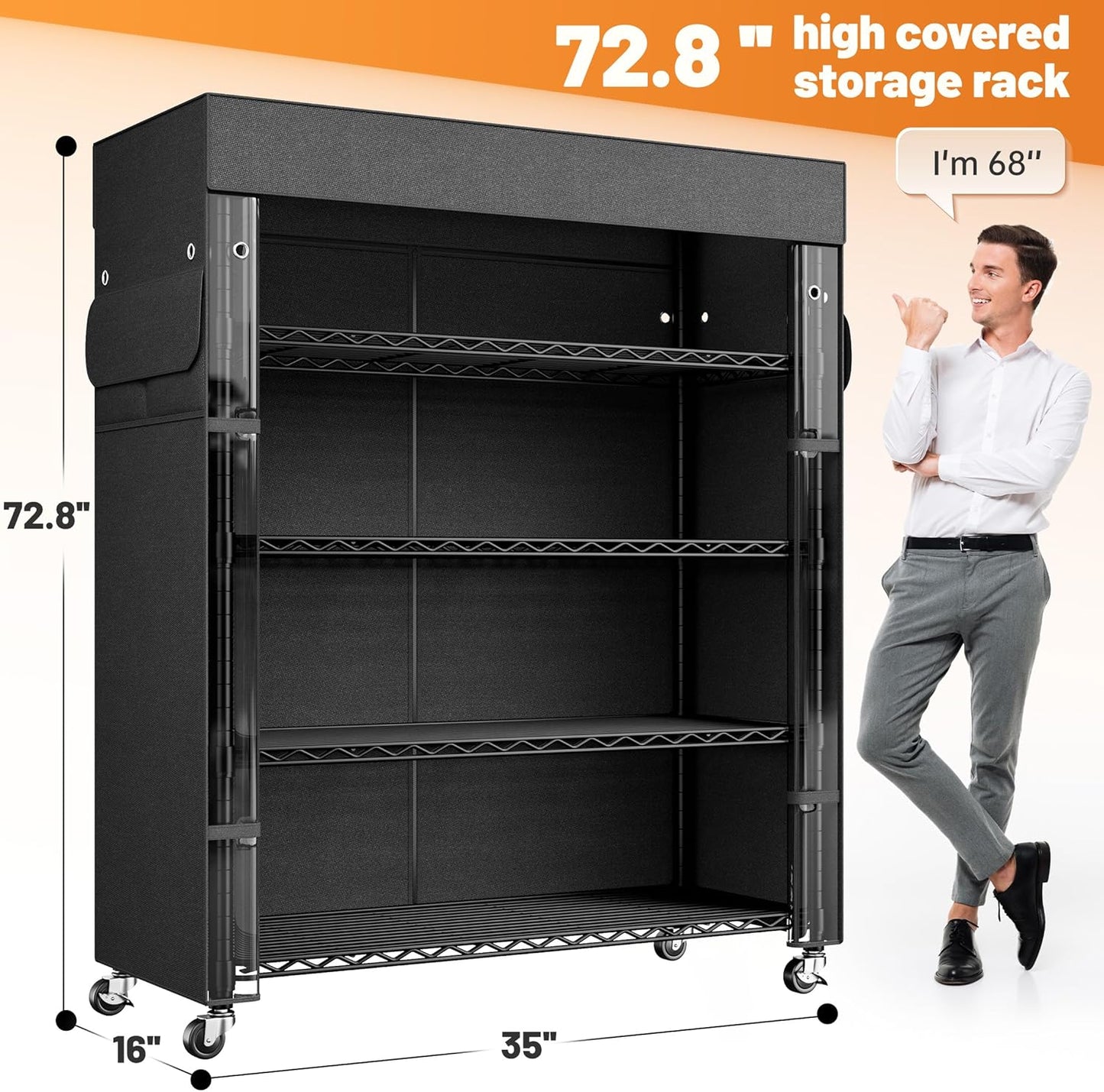 REIBII 72.8" H Storage Shelves with Wheels Wire Shelving Cover Heavy Duty Metal Shelving for Pantry Garage Kitchen Commercial Industrail,Storage Rack Shelf Commercial Shelving,35" W*16" D*72.8" H