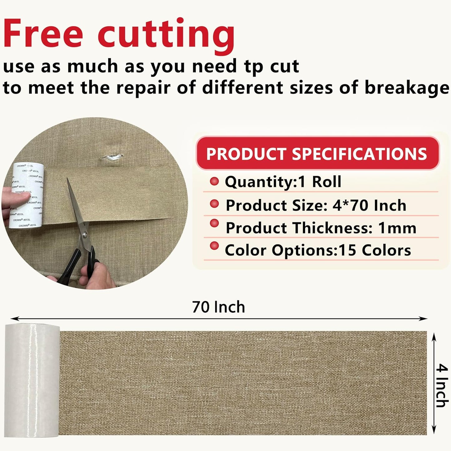 Linen Repair Tape 4x70 Inch Self-Adhesive Couch Patch Repair Fabric Patch for Furniture,Sofas,Cushion,Chairs,Bags,Linen Goods(Camel)