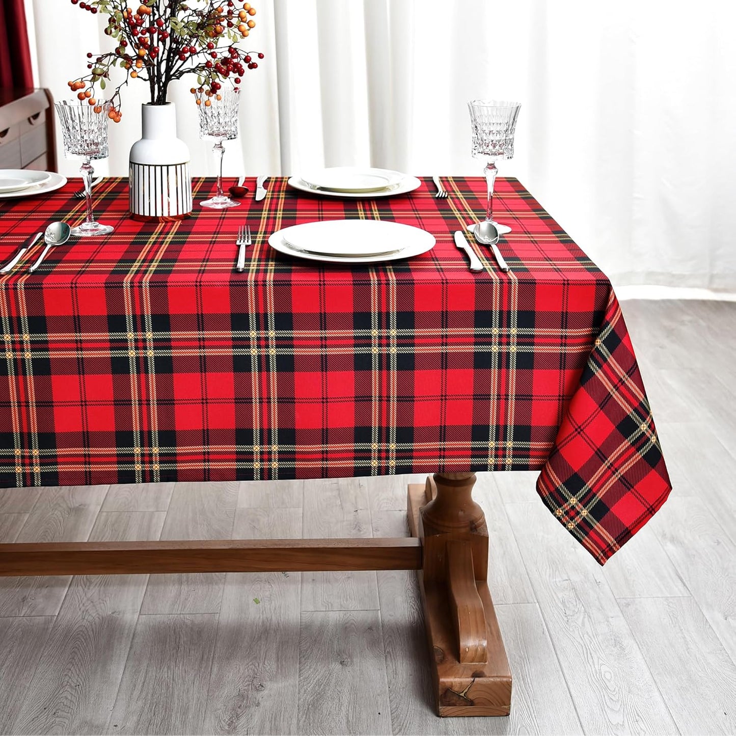 Waterproof Tartan Checkered Tablecloth Fabric - Rectangle 58x84 Inch Christmas Plaid Table Cloth for Indoor/Outdoor Use - Xmas Table Cover for Kitchen, BBQs, and Parties