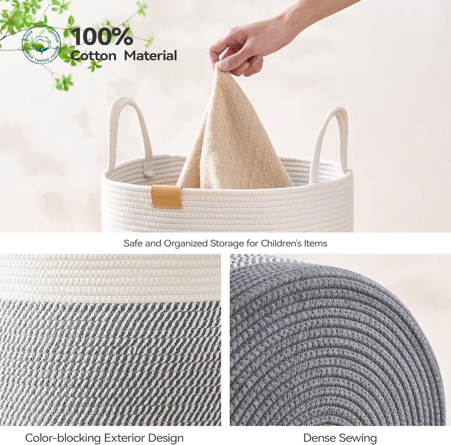 Laundry Hamper 95L,Large Laundry Basket for Clothes,Decorative Storage Basket for Blankets,Cotton Rope Woven basket for bedroom,Grey White