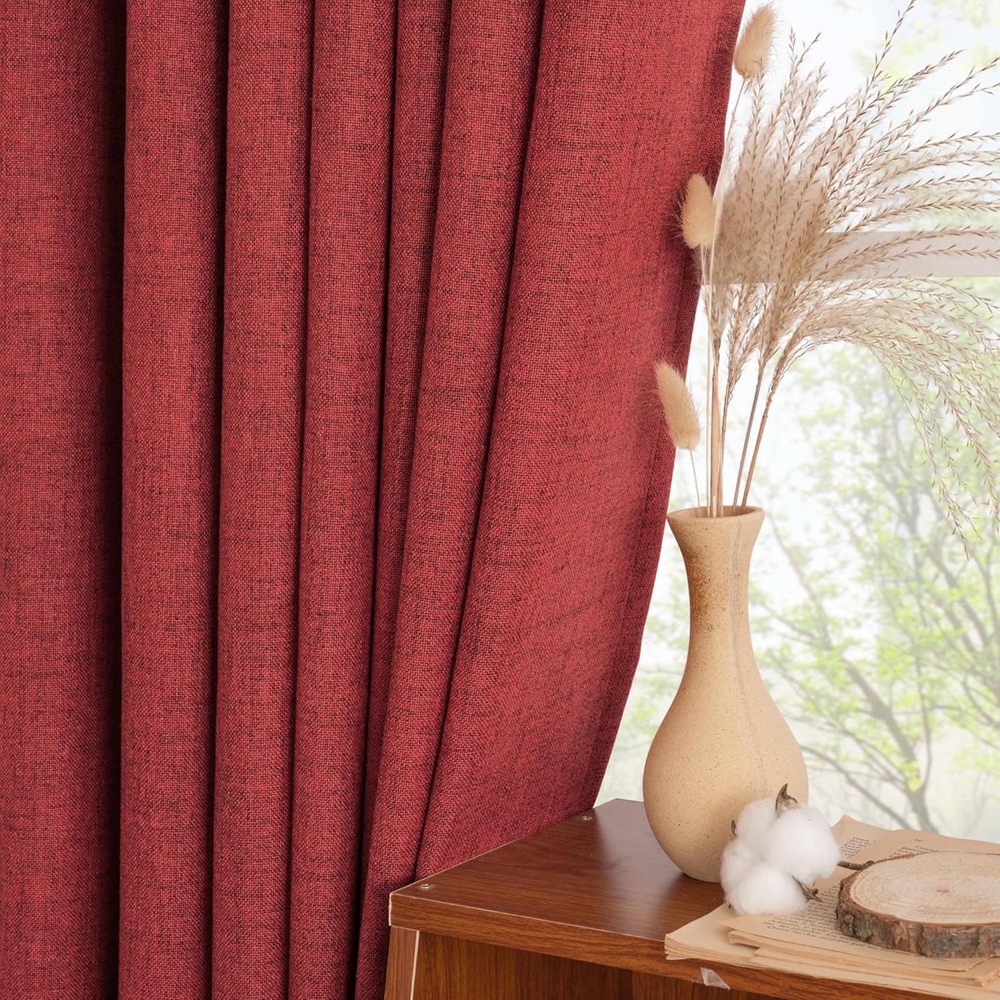 YoungsTex Red Linen Semi Sheer Curtains 78 Inch Length for Living Room, Christmas Light Filtering Window Drapes with Rod Pocket Back Tab for Dining Bedroom, 2 Panels, 52 X 78 Inch