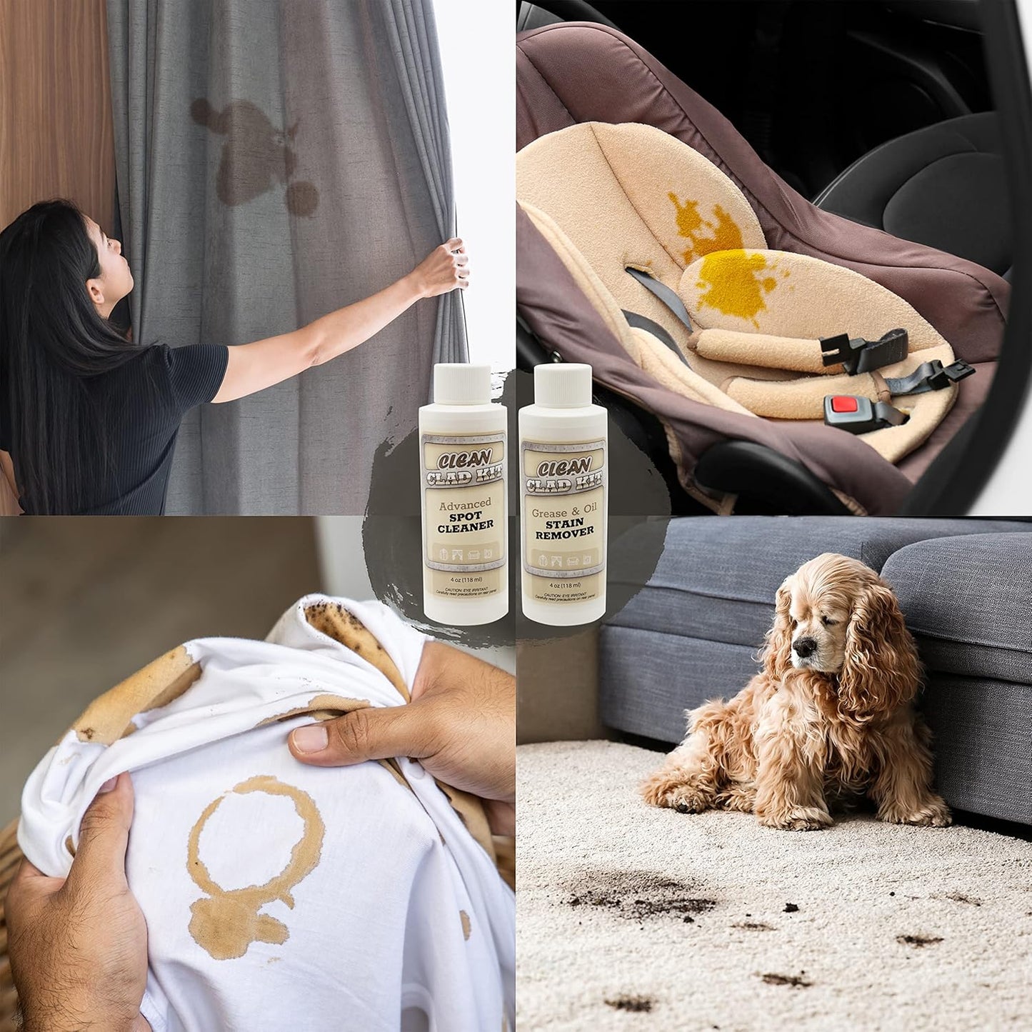 Upholstery Cleaner Kit – 2-Pack Stain Removers for Couch, Sofa, Car Seats & Carpet – Targets Grease, Food, Oil, Beverage & Makeup Stains – Auto Interiors & Home Use – Made in USA