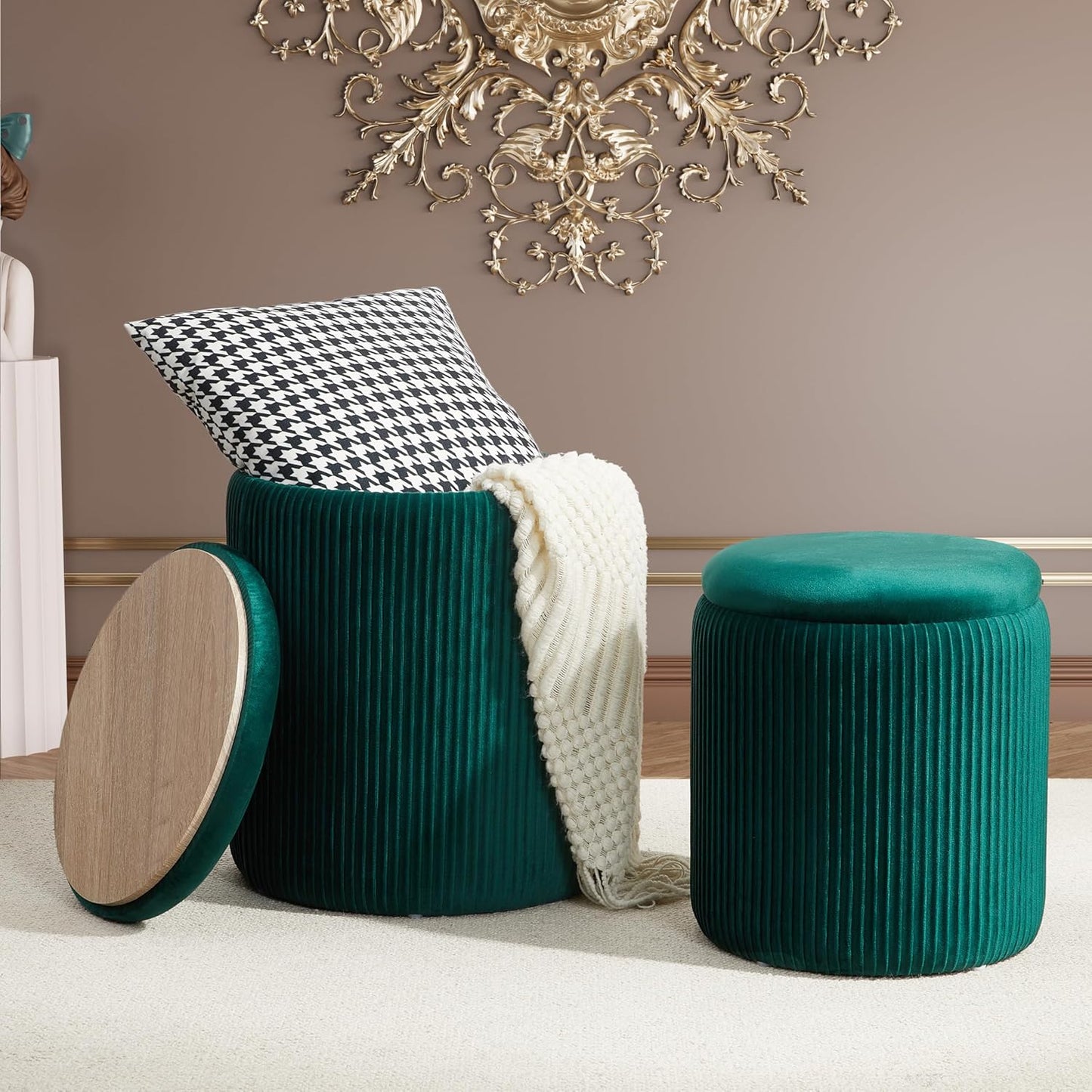 Royal Windsor Round Ottoman with Storage Set of 2,Vanity Stool with Storage for Bedroom, Ottoman Coffee Table, Small Velvet Foot Stool for Living Room, Green