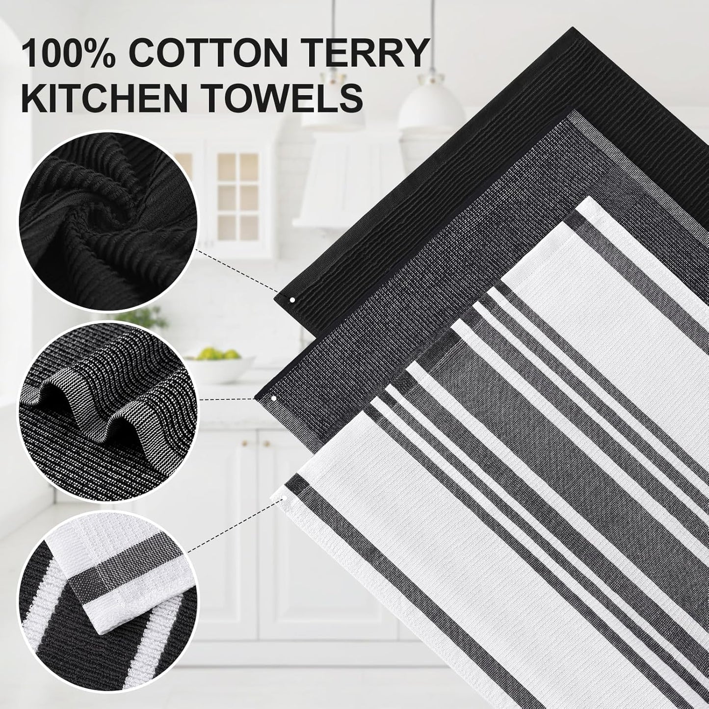 Homaxy Premium Kitchen Towels(18”x 28”, 9 Pack), Large Cotton 380 GSM Kitchen Hand Towels, Soft and Absorbent Terry Dish Towels, Multipurpose Tea Towel Set with Hanging Loop, Black