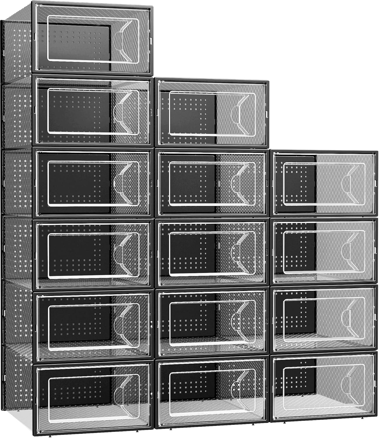 Kuject 15 Pack Shoe Storage Boxes, Clear Plastic Stackable Shoe Organizer for Closet, Connect Left and Right Shoe Boxes Case Container Bin for Entryway, Drop Front, Fit for Size 10(Black)