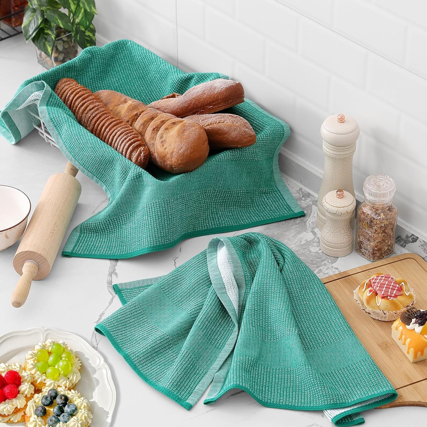 Homaxy Premium Kitchen Towels(18”x 28”, 6 Pack), Large Cotton Kitchen Hand Towels, Flat and Terry Dish Towels, 380 GSM Highly Absorbent Tea Towel Set with Hanging Loop, Grey/Green/Khaki