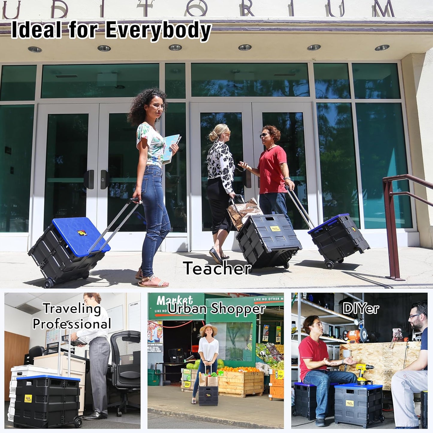 dbest products Quik Cart Collapsible Rolling Crate on Wheels for Teachers Tote Basket, 80 lbs Capacity, Blue Lid Made from Heavy Duty Plastic and used as a Seat