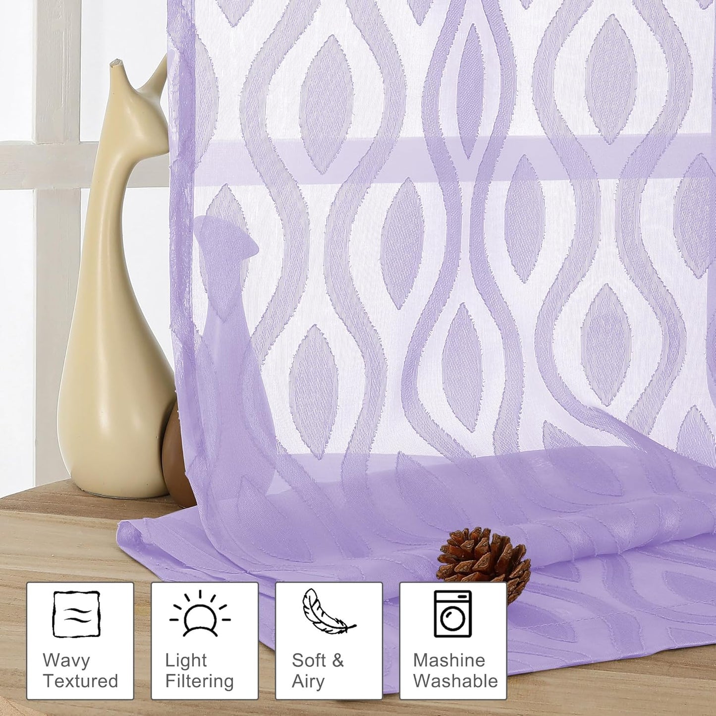 Aiyufeng Sheer Curtains 45 Inch Length 2 Panels, Farmhouse Soft Airy Lightweight Clip Jacquard Textured Curtains, Chic Wavy Line Window Curtains for Bedroom Living Room, Light Purple, 40Wx45L Inches