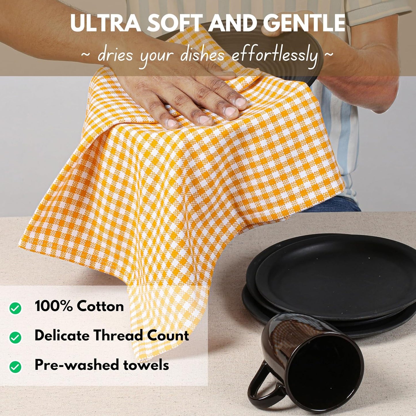 Native Fab 12 Pack Mini Check Yellow Kitchen Towels 16"x26" - Gingham Plaid Cotton Dish Towels - Absorbent Dishcloth Set, Soft Reusable Towel with Hanging Loop - Yellow White