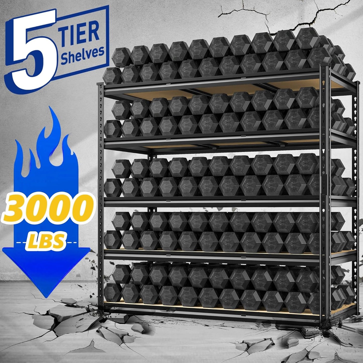 REIBII 48" W Garage Shelving Heavy Duty, 3000LBS Storage Shelves, 5-Tier Adjustable Metal Shelving, Garage Shelves Sturdy Industrial Shelf, Easy Assemble, 72" H x 48" W x 18" D