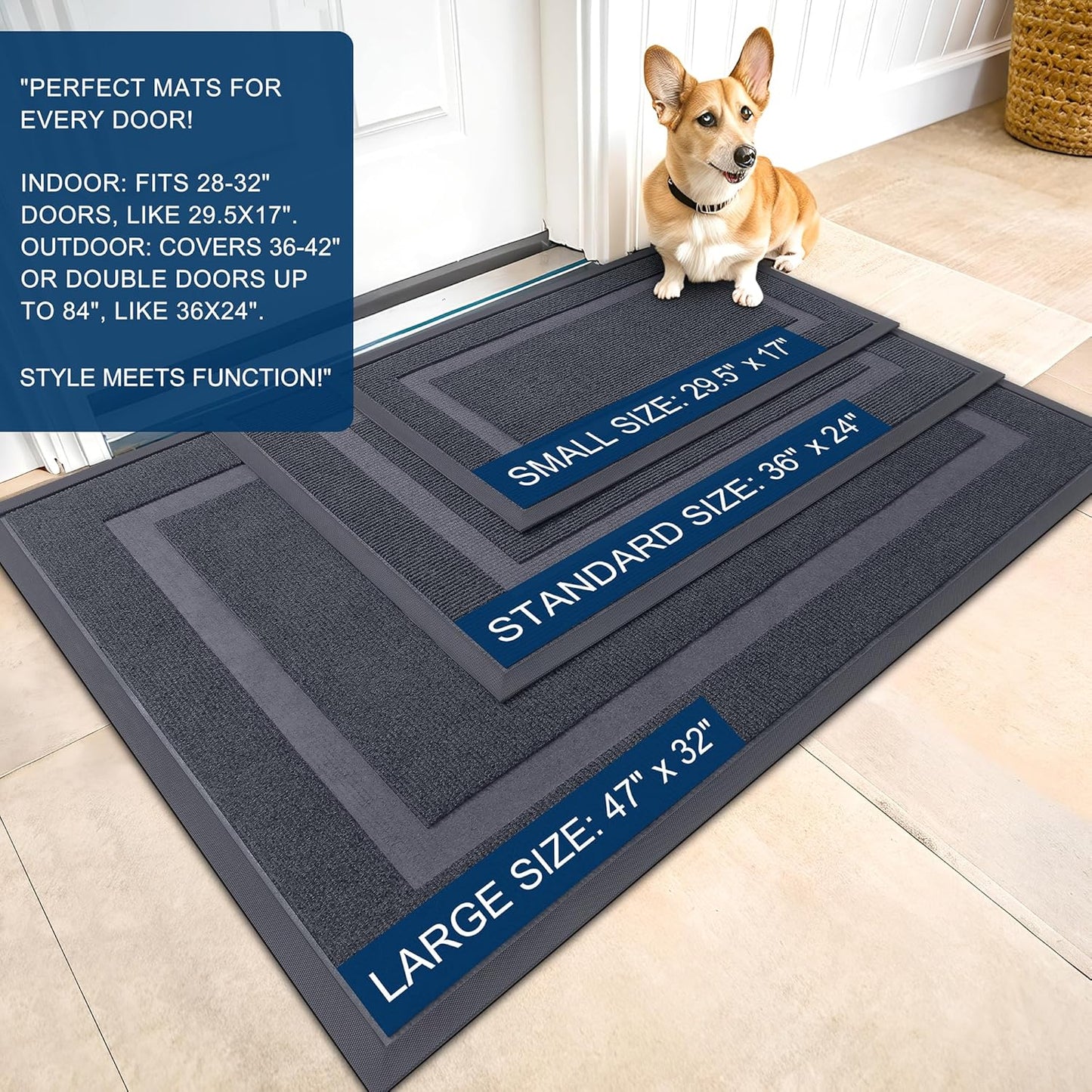 OLANLY Front Door Mat Indoor Outdoor Entrance, Waterproof All-Season, All-Weather Doormat, Sturdy Natural Rubber, Fade Resistant, Low Profile, Easy Clean Patio Porch Entryway Mat, 29.5x17, Light Grey