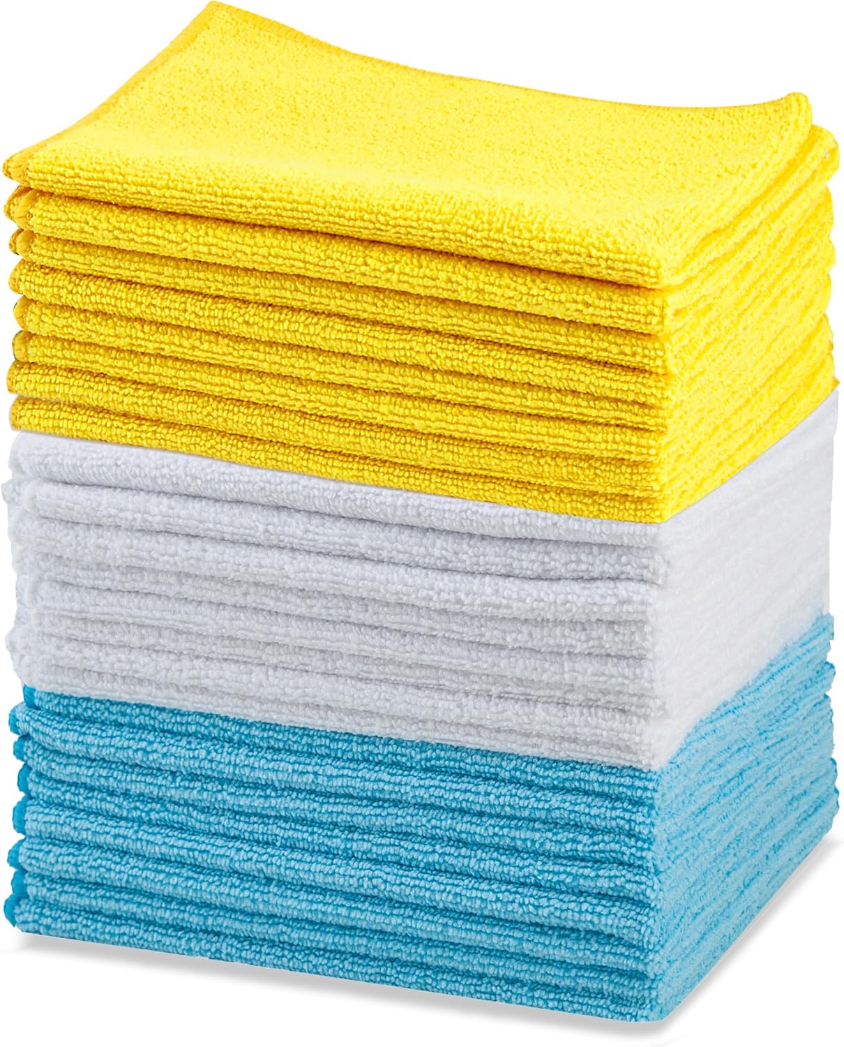 Amazon Basics Microfiber Cleaning Cloths, Ultra Absorbent, Lint Free, Streak Free, Non-Abrasive, Reusable and Washable, 16" x 12", Blue/White/Yellow, Pack of 24