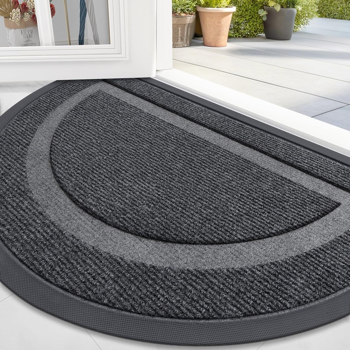 OLANLY Half Circle Door Mat Indoor Outdoor Entrance Welcome, Waterproof All-Season, All-Weather Doormat, Sturdy Natural Rubber, Low Profile, Easy Clean Patio Porch Entryway Mat, 47x23, Grey