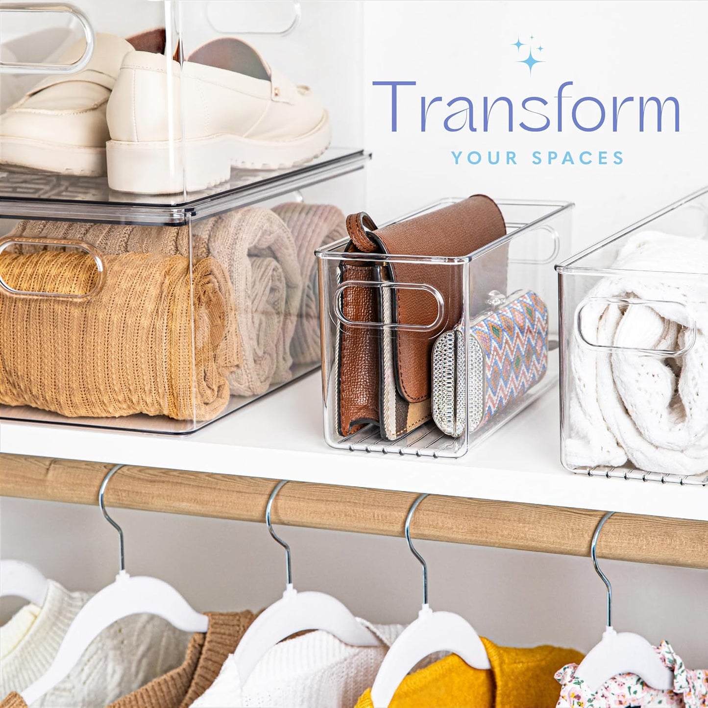 Plastic Food Storage 2 Pack Clear Container Bin with Handles for Organizing Kitchen, Pantry, Refrigerator, Freezer, Pantry, Cabinet, Closet, Bathroom. 10”x4”x5”