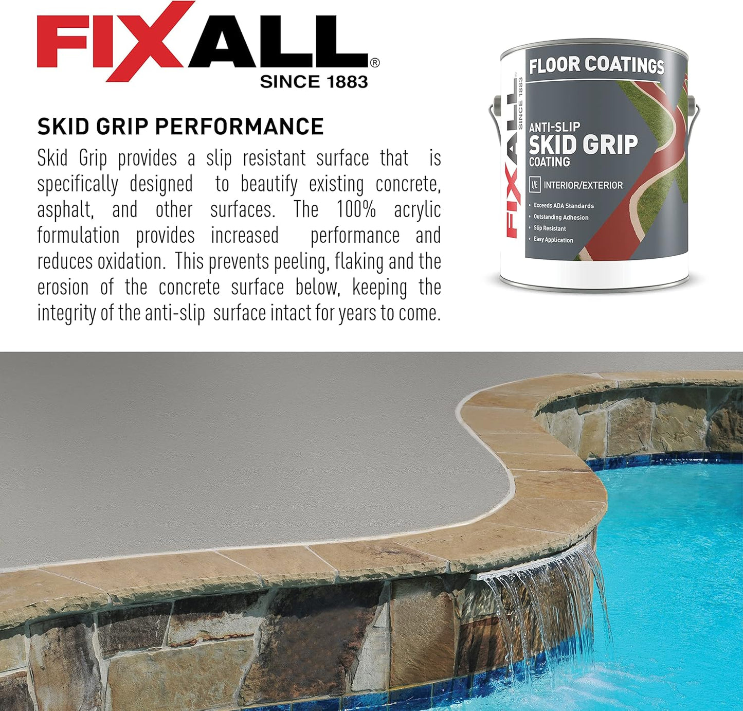 FIXALL Skid Grip Anti-Slip Coating, 1 Gallon, Slate, Exceeds ADA Standards, Ideal for Safety Areas, Slip-Resistant Pavement, Cement & Concrete Paint