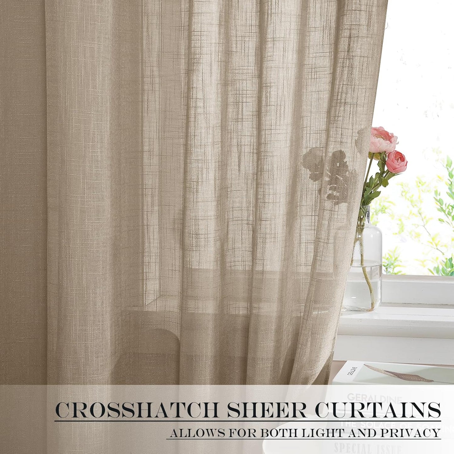 NICETOWN Sheer Back Door Curtain - Linen Textured Sidelight French Door Panel with Bonus Tieback, Semi Sheer Privacy with Light Filter Window Treatment (52" Wide x 40" Long, Taupe, 1 Panel)