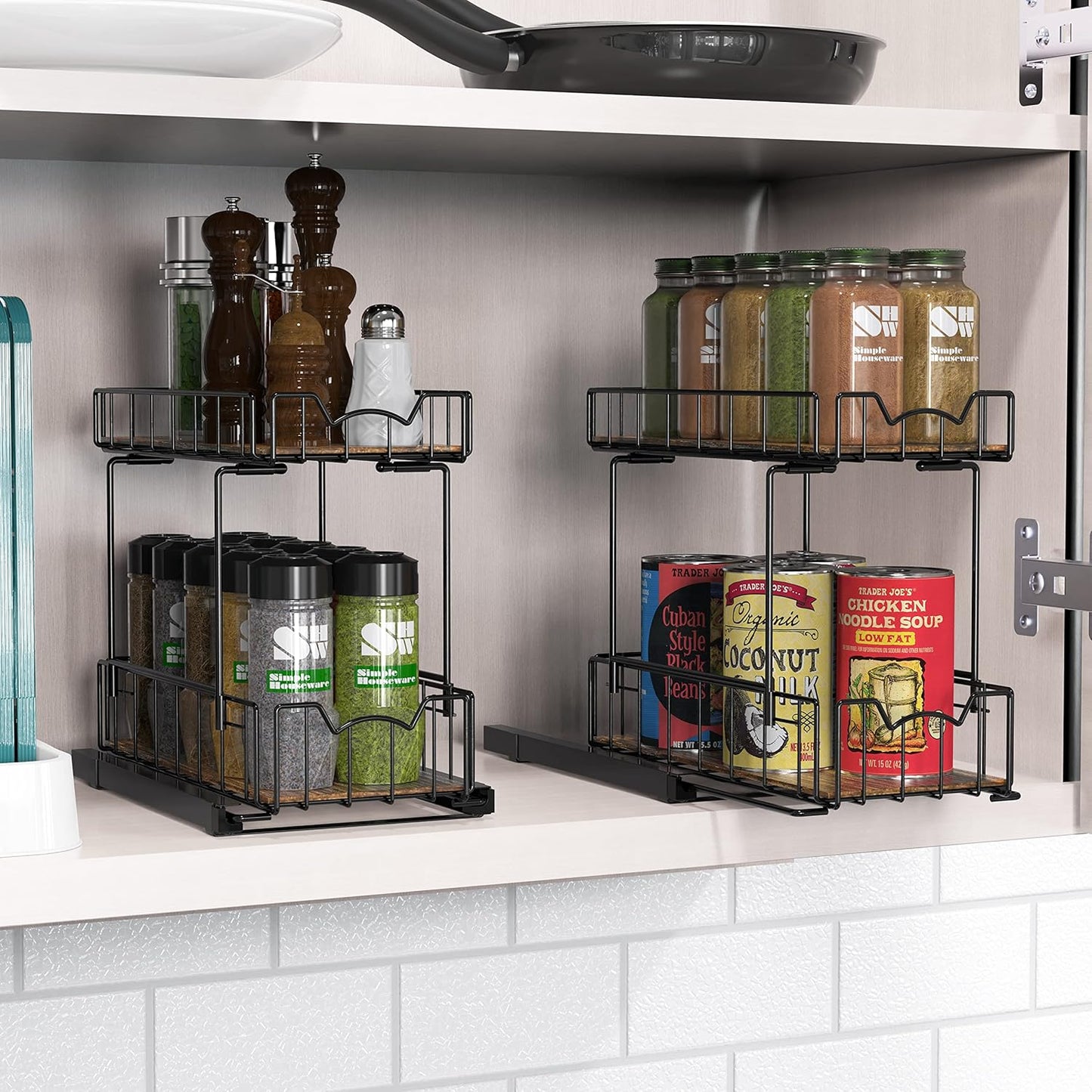 Simple Houseware 2-Tier Spice Rack Slide Out Wire Basket Drawer Organizer, Black