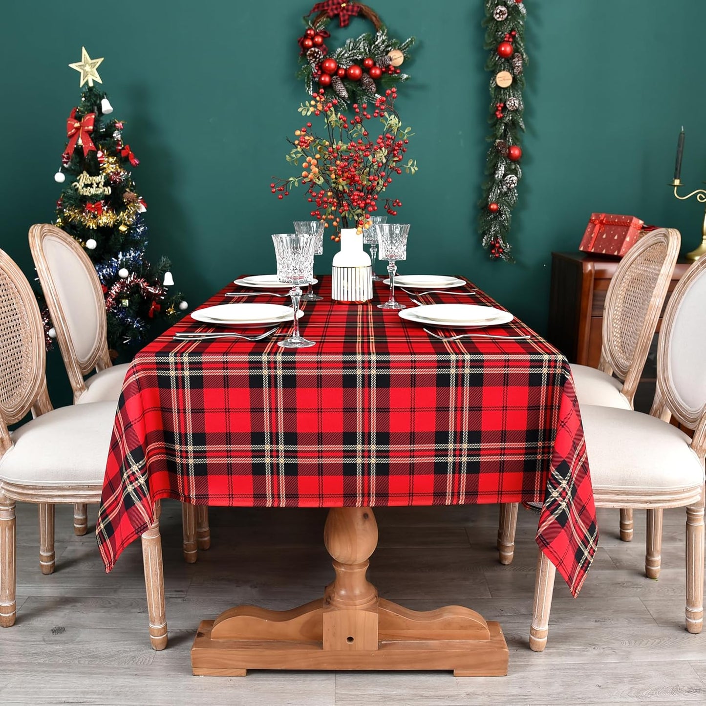 Red Tartan Waterproof Plaid Christmas Tablecloth Fabric - Square 58x58 Inch Classic Gingham Checker Holiday Table Cloth for Indoor Use - Xmas Table Cover for Picnics, BBQs, and Parties