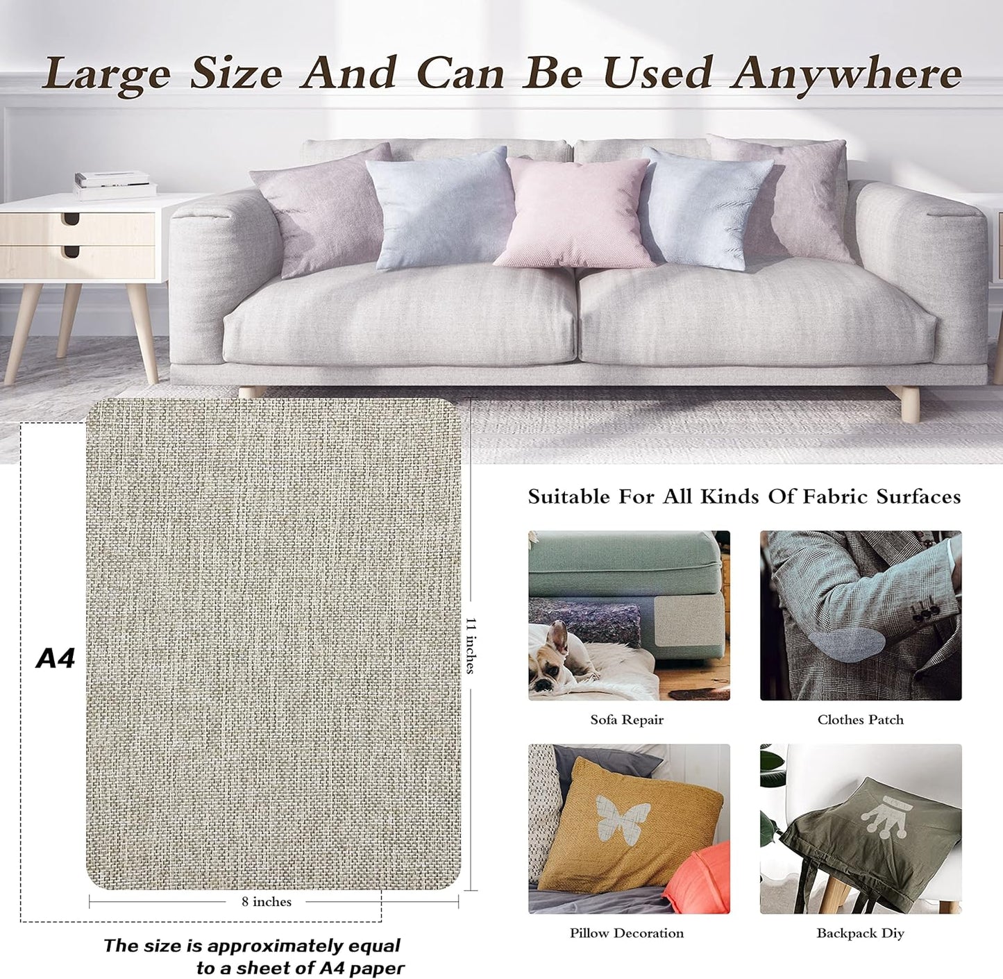 Coarse Linen Repair Patches, Self-Adhesive Linen Fabric Patches, 8X11 inch 2 PCS, Multi Color, Can be Used for Linen Sofa Repair and Linen Clothes Repair(8" x 11"-2PCS,Cream-Gray 1.0)