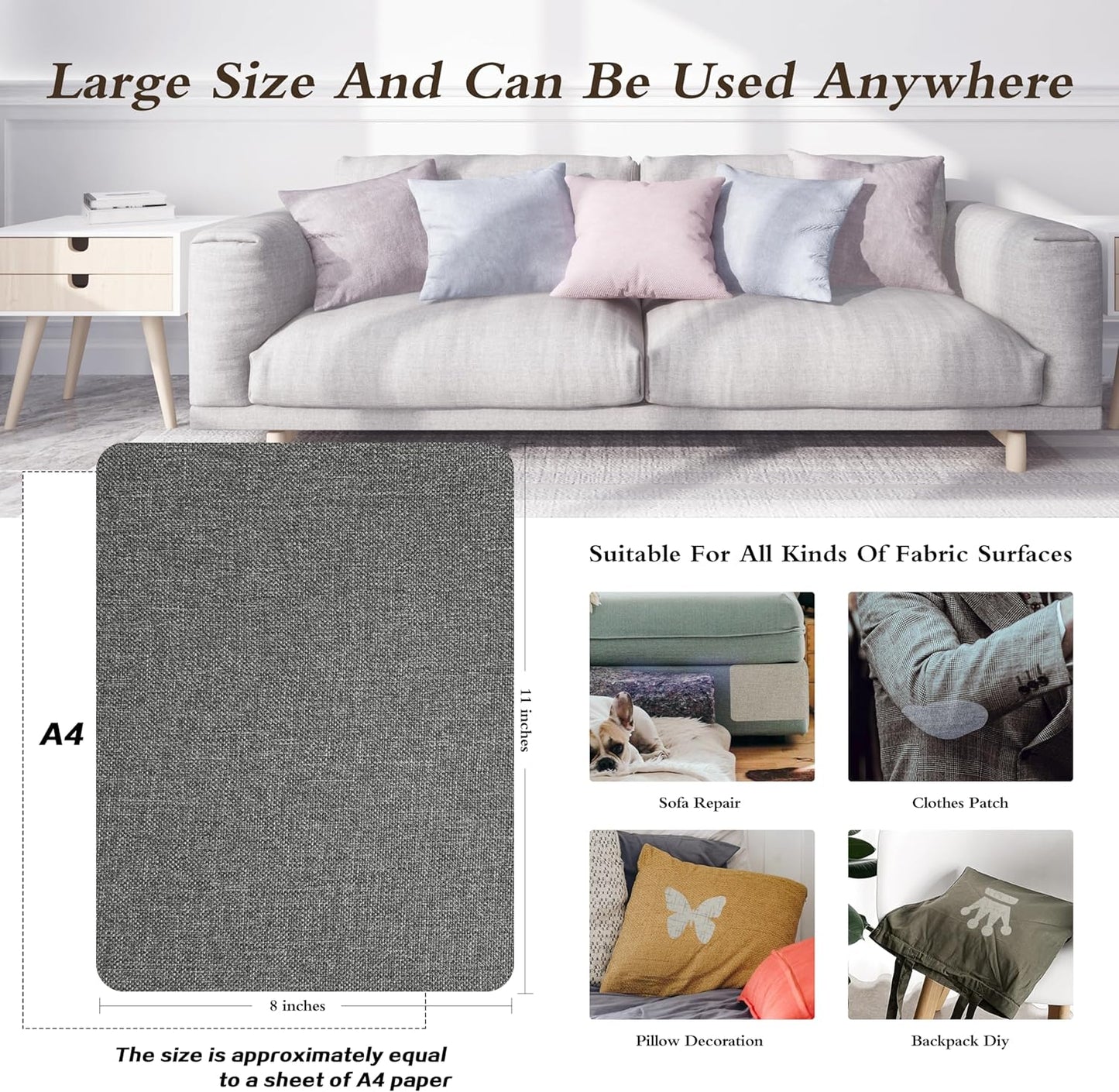 Fine Linen Repair Patches, Self-Adhesive Fabric Patches, 8X11 Inch 2 PCS, Multi Color, for Sofa and Clothes Repair (8" x 11"-2PCS, Medium Grey 1.0)