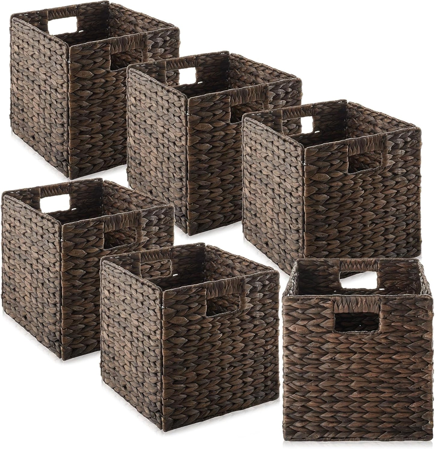 Casafield 10.5" x 10.5" Water Hyacinth Storage Baskets, Espresso - Set of 6 Collapsible Cube Organizers, Woven Bins for Bathroom, Bedroom, Laundry, Pantry, Shelves