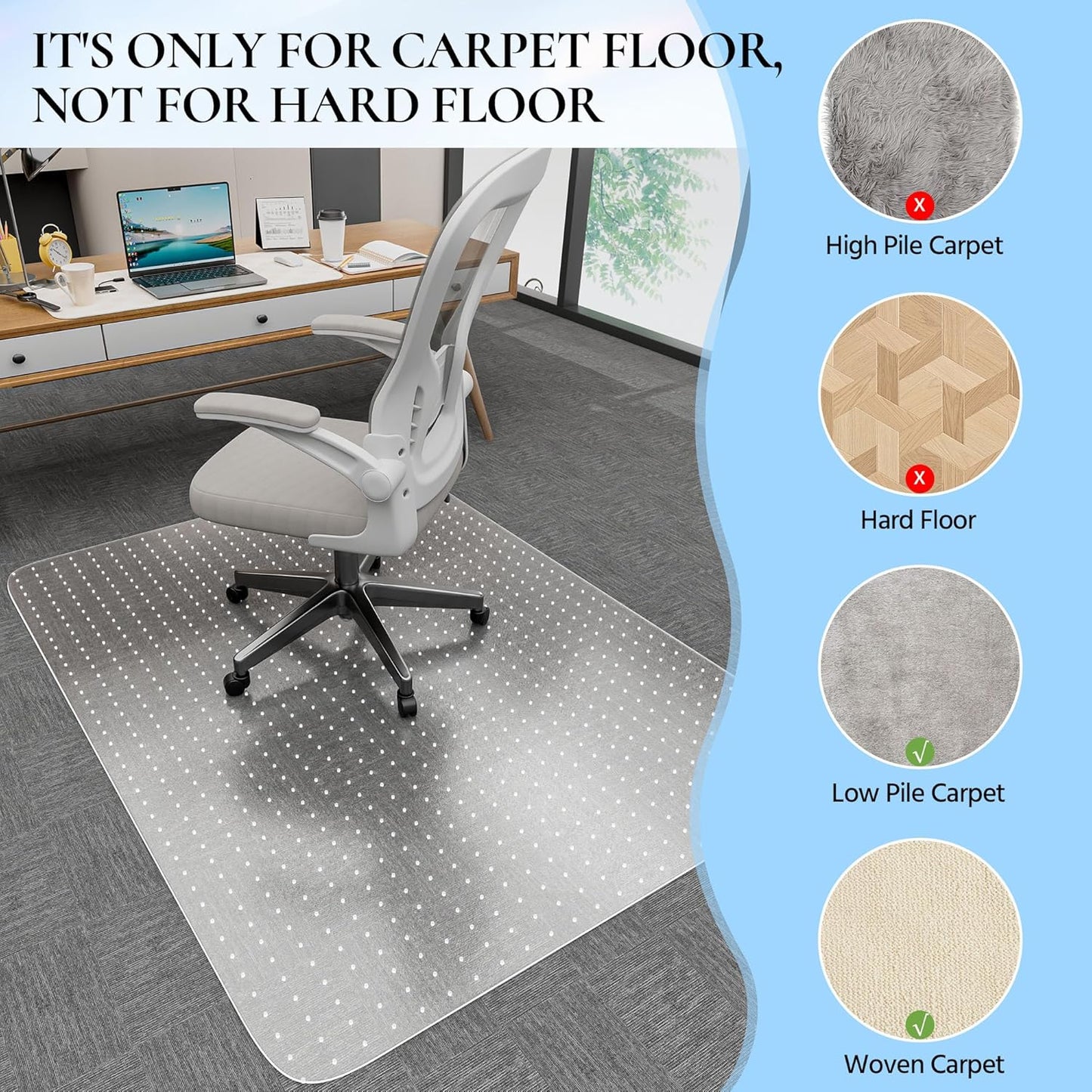 Office Chair Mat for Low Pile Carpet, 48” x 36” Transparent Office Desk Chair Mat for Carpeted Floors, Studded Carpet Floors Protector Mat for Home & Offices