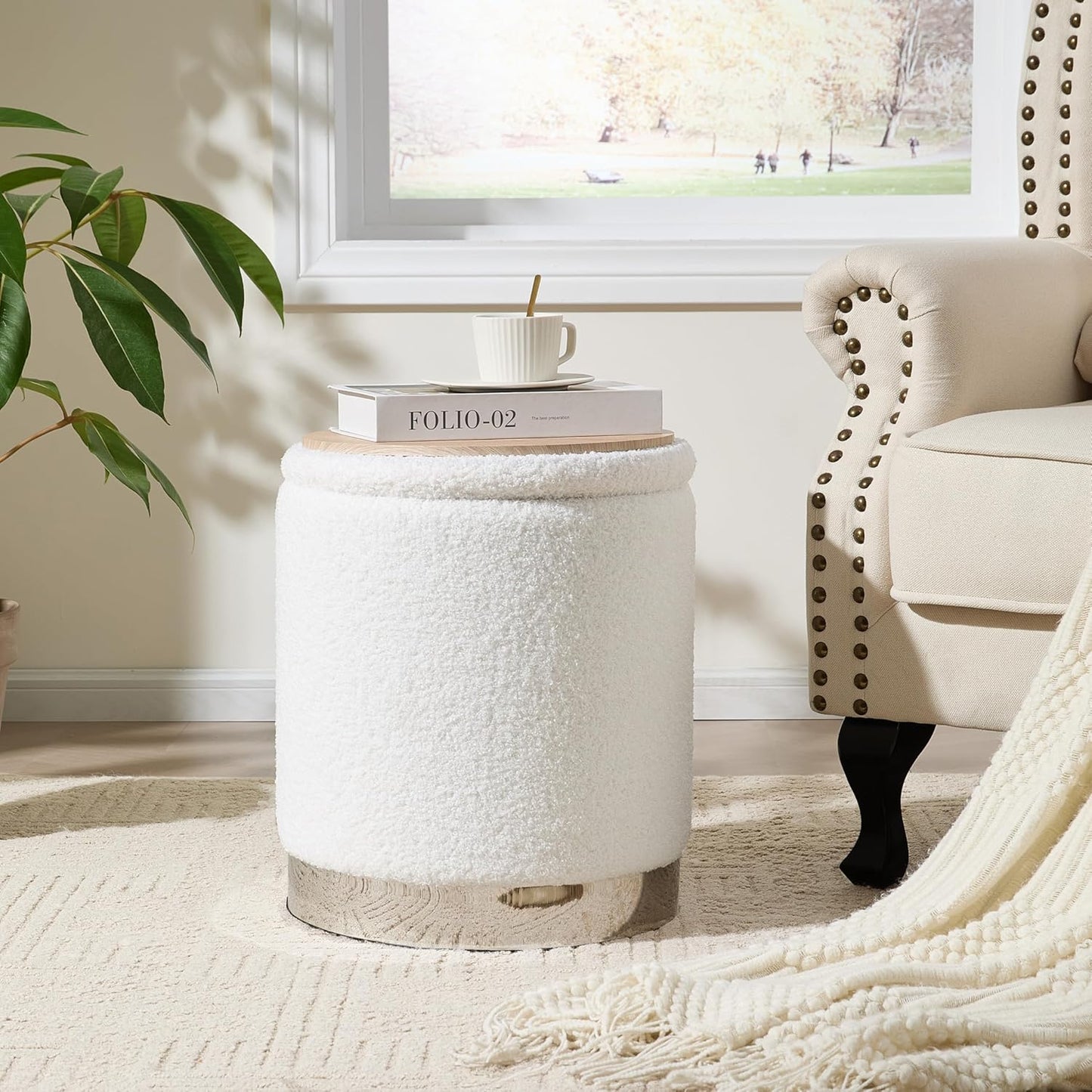 Royal Windsor Boucle Round Ottoman with Storage Set of 2, Vanity Stool with Storage for Bedroom, Ottoman Coffee Table Silver-Tone Ring Around The Base, Small Foot Stool for Living Room, White