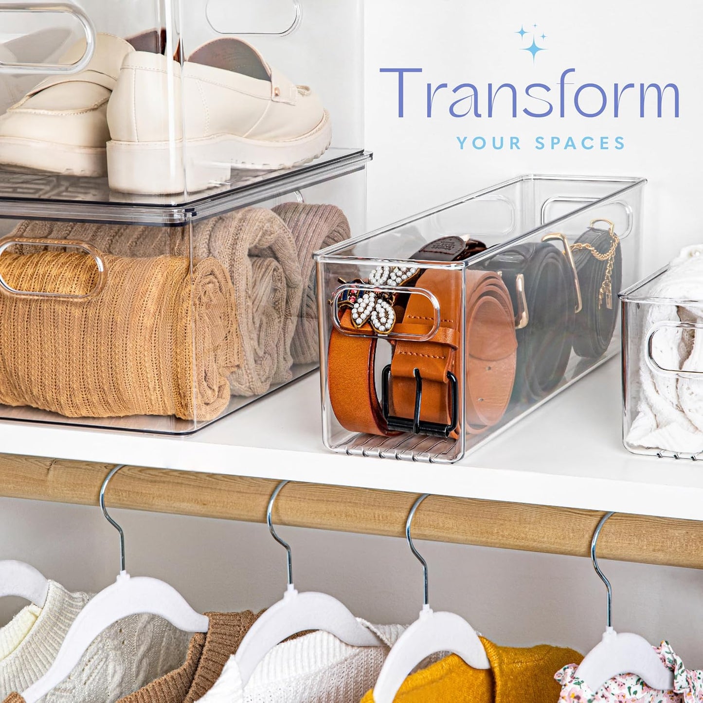 Plastic Food Storage 2 Pack Clear Container Bin with Handles for Organizing Kitchen, Pantry, Refrigerator, Freezer, Pantry, Cabinet, Closet, Bathroom. 16”x4”x5”