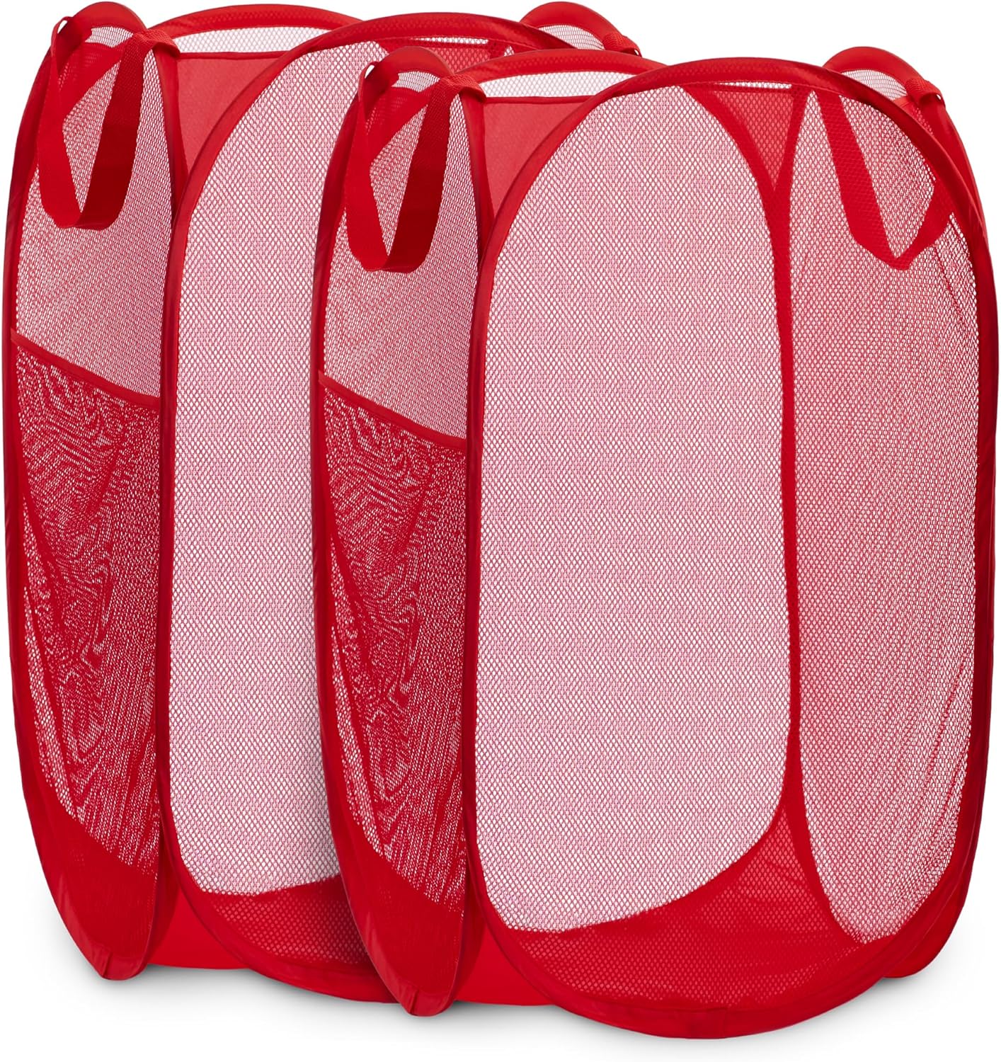 Handy Laundry Collapsible Mesh Pop Up Hamper with Wide Opening and Side Pocket - Breathable, Sturdy, Foldable, and Space-Saving Design for Clothes and Storage (Red | 2-Pack)