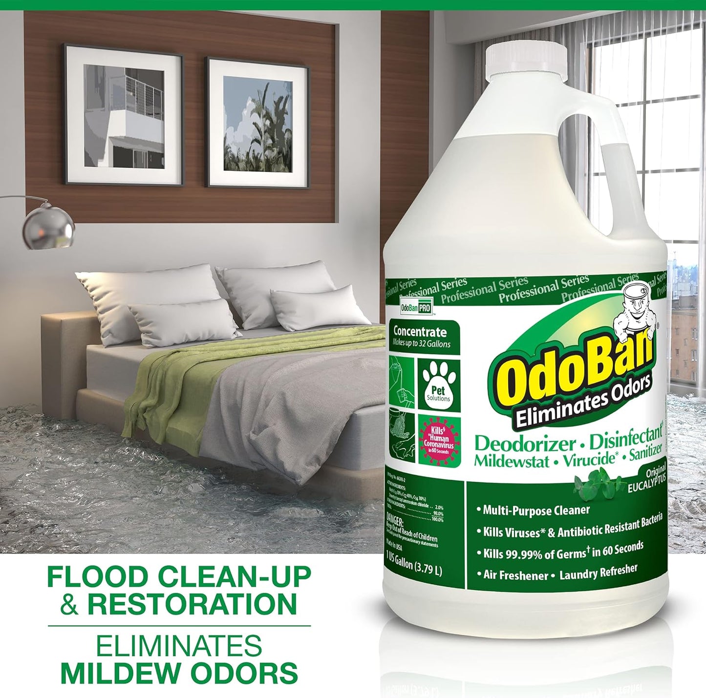 OdoBan Professional Disinfectant and Odor Eliminator Concentrate, Made in the USA, Original Eucalyptus Scent, 4-Pack, 1 Gallon Each