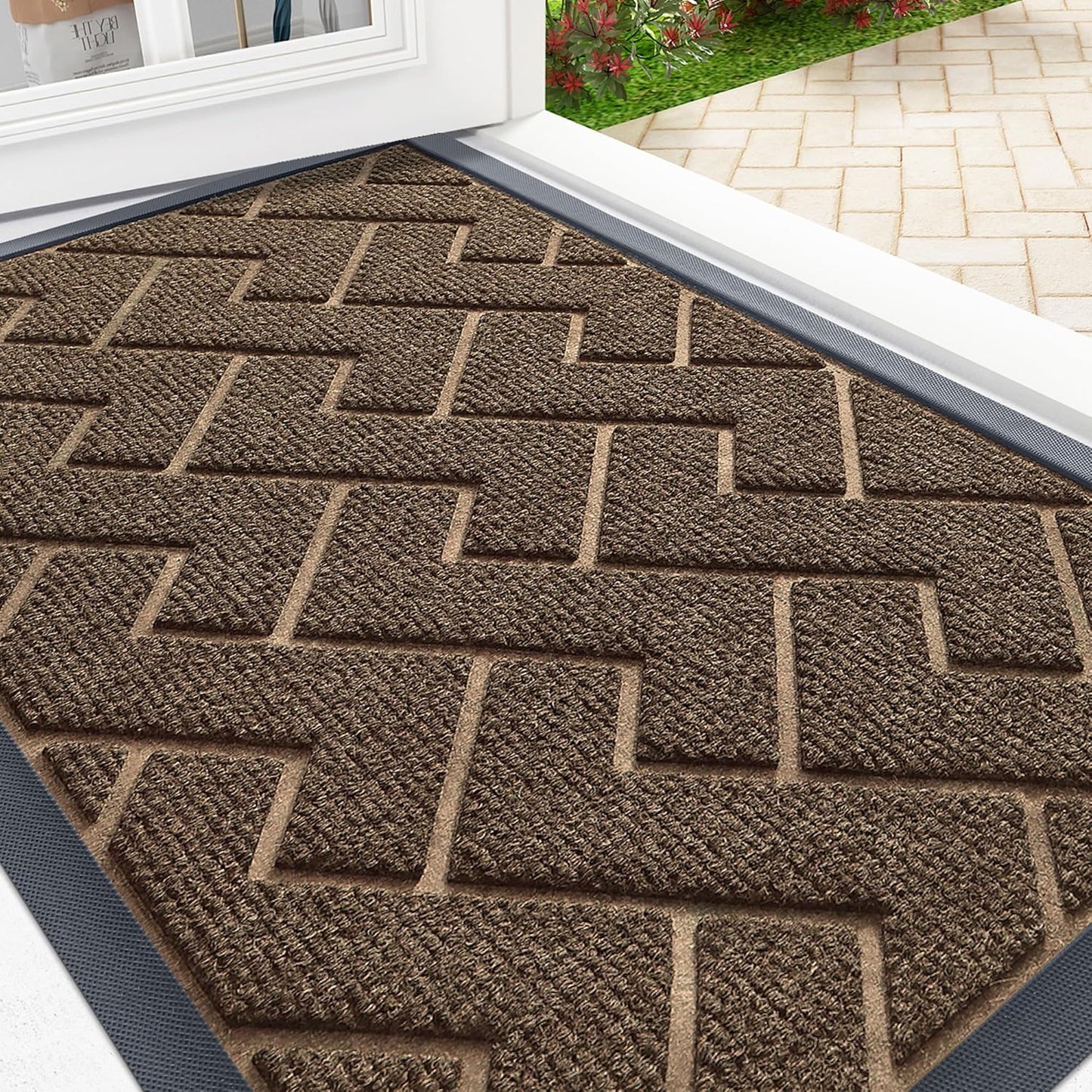 OLANLY Front Door Mat Indoor Outdoor Entrance, Waterproof All-Season, All-Weather Doormat, Sturdy Natural Rubber, Low Profile, Easy Clean Patio Porch Entryway Mat, Herringbone Brick (Brown, 59x35)