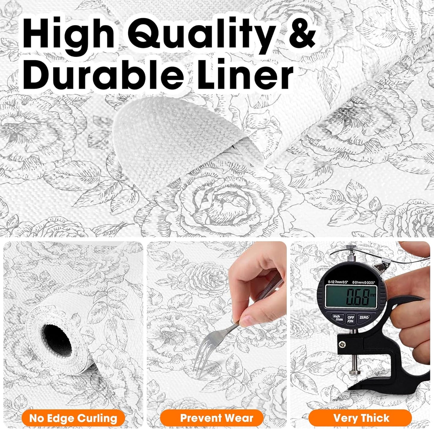 Drawer and Shelf Liner for Kitchen Cabinets Non-Adhesive, Non-Slip Cabinet Liner Shelf Paper Strong Grip Waterproof Easy to Clean for Kitchen Shelves Cupboard, Flower,17.5IN X 20FT