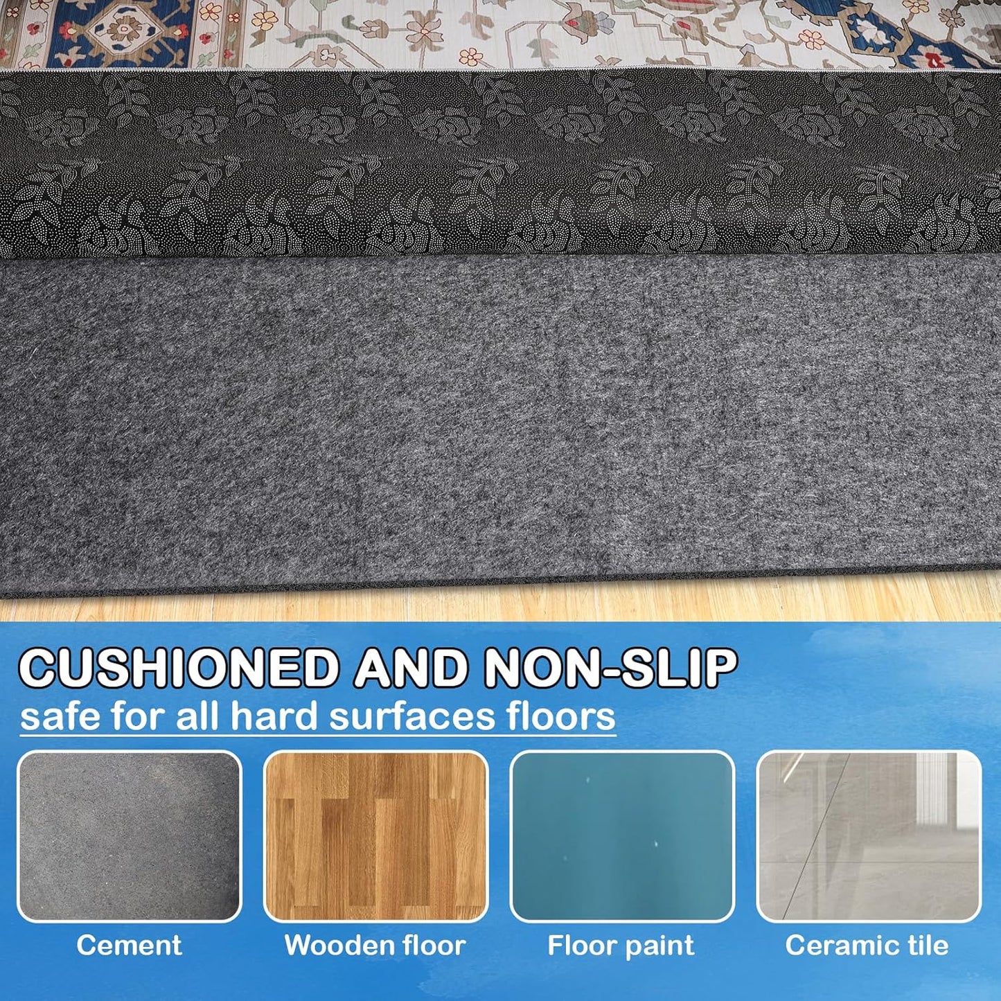 Non-Slip Rug Pads 1/4” Thick, 2x8Ft Waterproof Rugs Non Skid Rug Pad for All Floors and Finishes Durable Hardwood Floor Protective Felt Keeps Rugs in Place, Safe and Secure