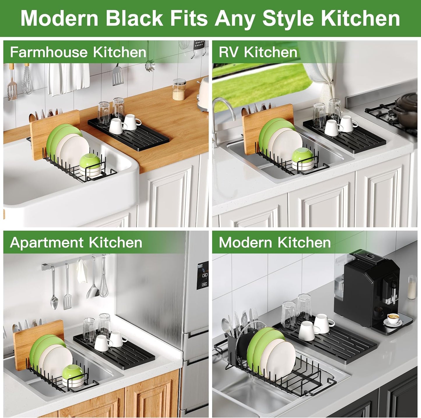 Dish Drying Rack Over the Sink Expandable In Small Black Drainer Dry for Kitchen Counter, Metal Stainless Steel Compact Dishes Drain with Tray, Space Saving Extendable Modern Plate Strainer Holder