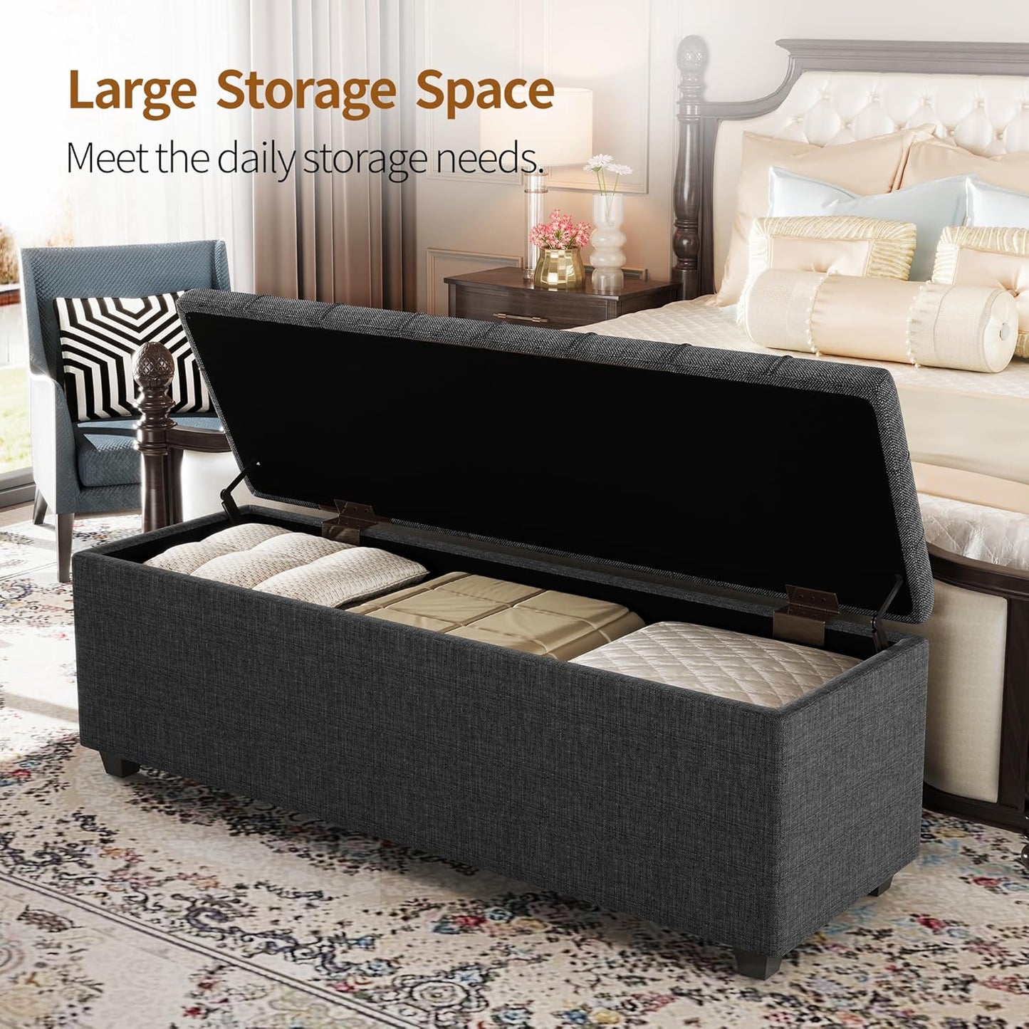 Ottoman with Storage 38 inches, Furniture End of Bed Storage Benches, Long Ottomans Bench with hinged lid, Bench seat Trunk for Foot Rest in Bedroom, Living Room (Dark Grey)